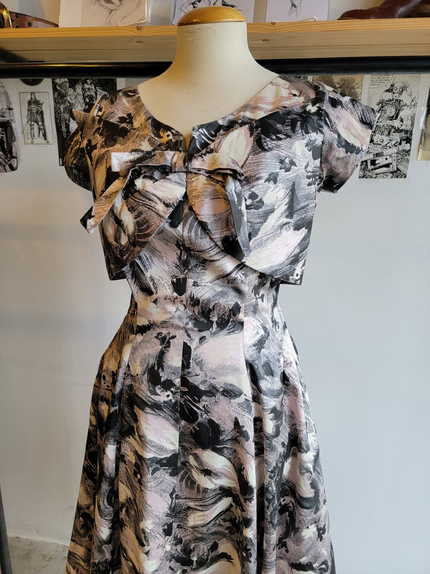 1950s Printed Satin Party Dress - Small