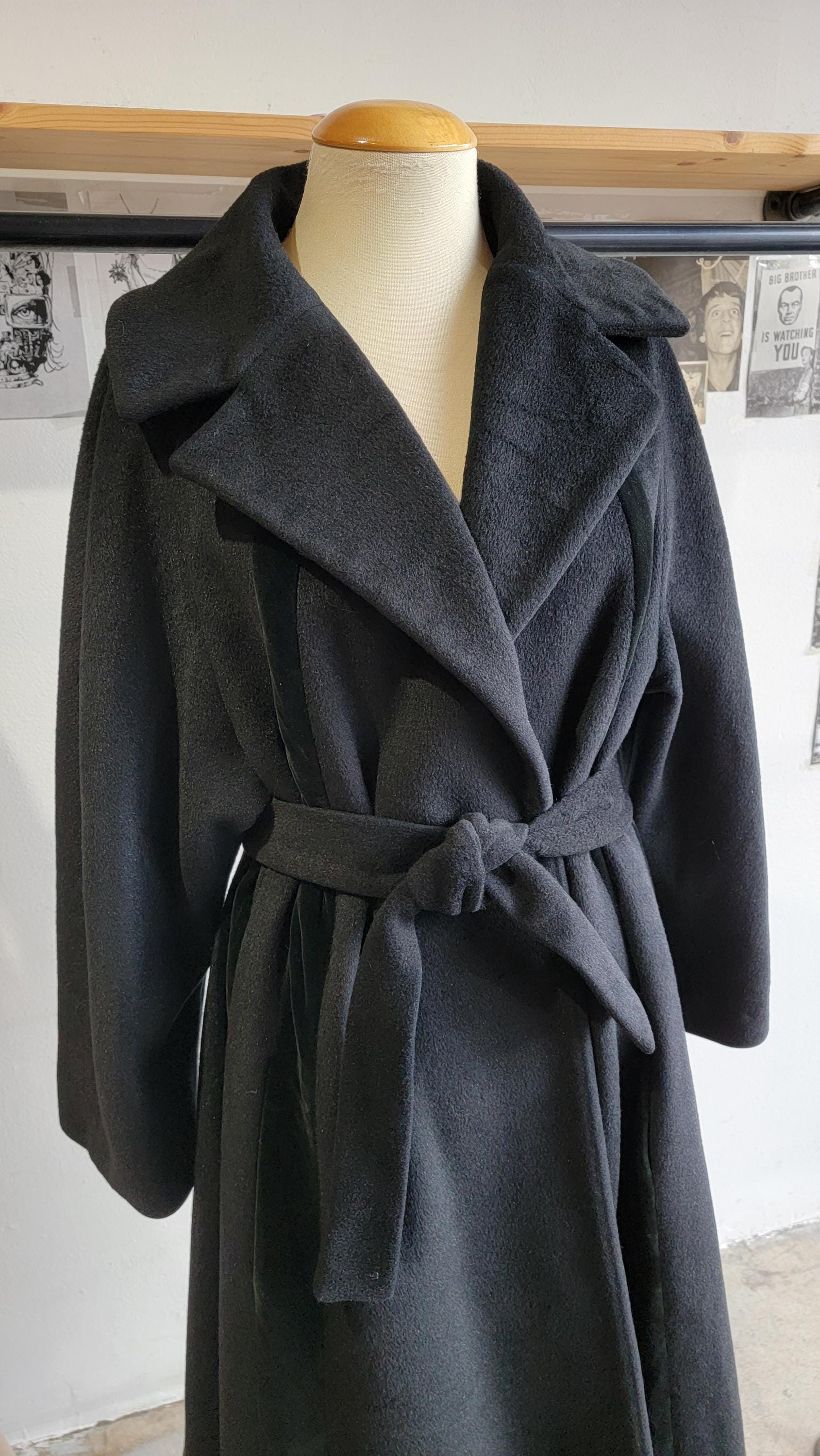 Vintage 1950s Lilli Ann Wool and Velvet Swing Coat | Black | Belted | Rainbow Tafetta lining