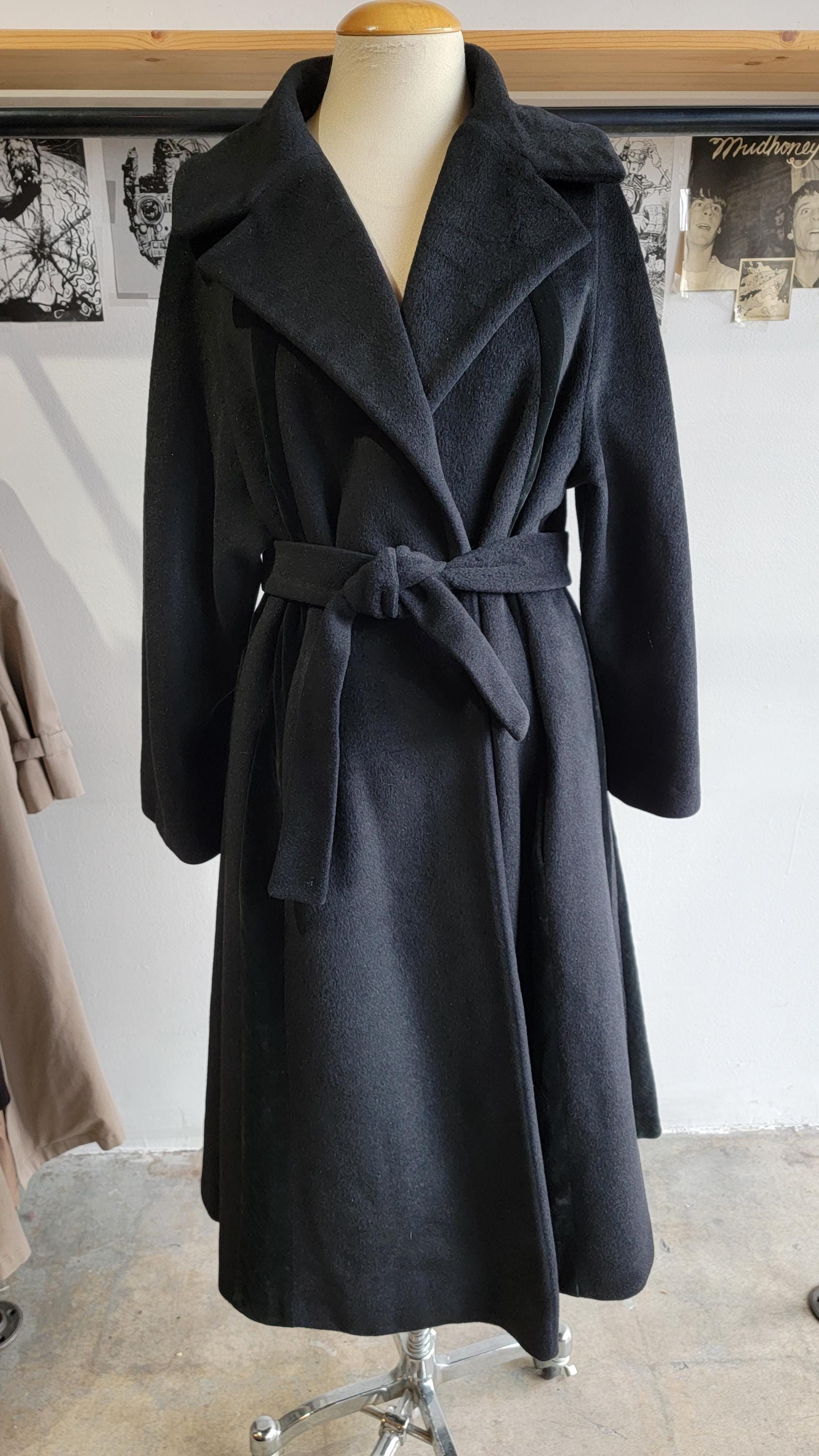 Vintage 1950s Lilli Ann Wool and Velvet Swing Coat | Black | Belted | Rainbow Tafetta lining