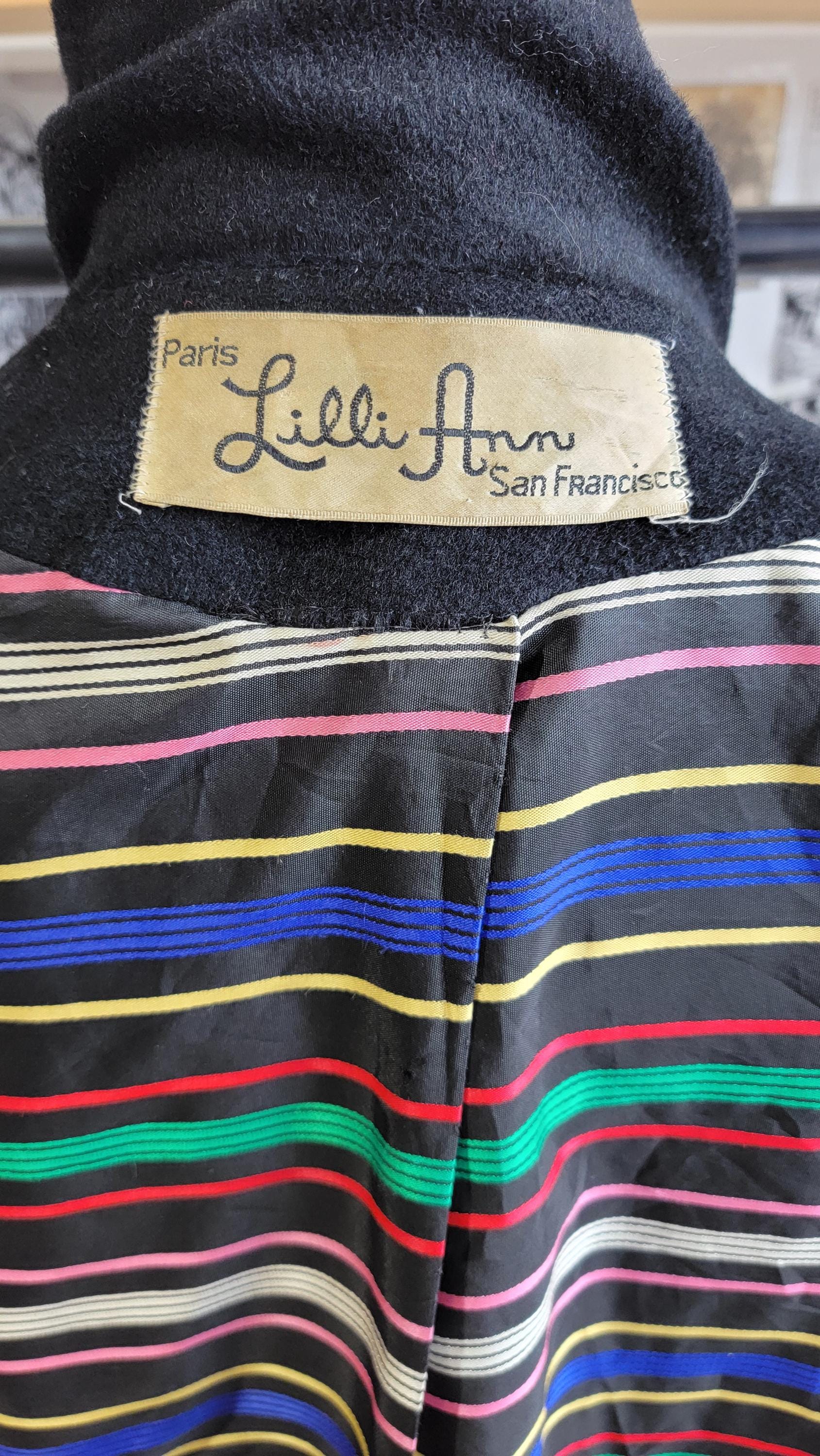 Vintage 1950s Lilli Ann Wool and Velvet Swing Coat | Black | Belted | Rainbow Tafetta lining