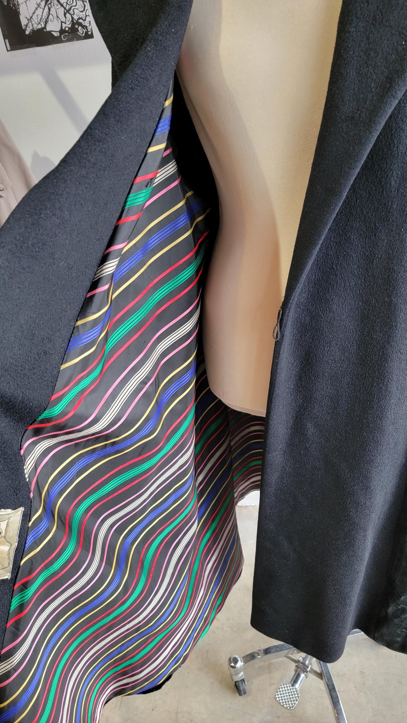 Vintage 1950s Lilli Ann Wool and Velvet Swing Coat | Black | Belted | Rainbow Tafetta lining