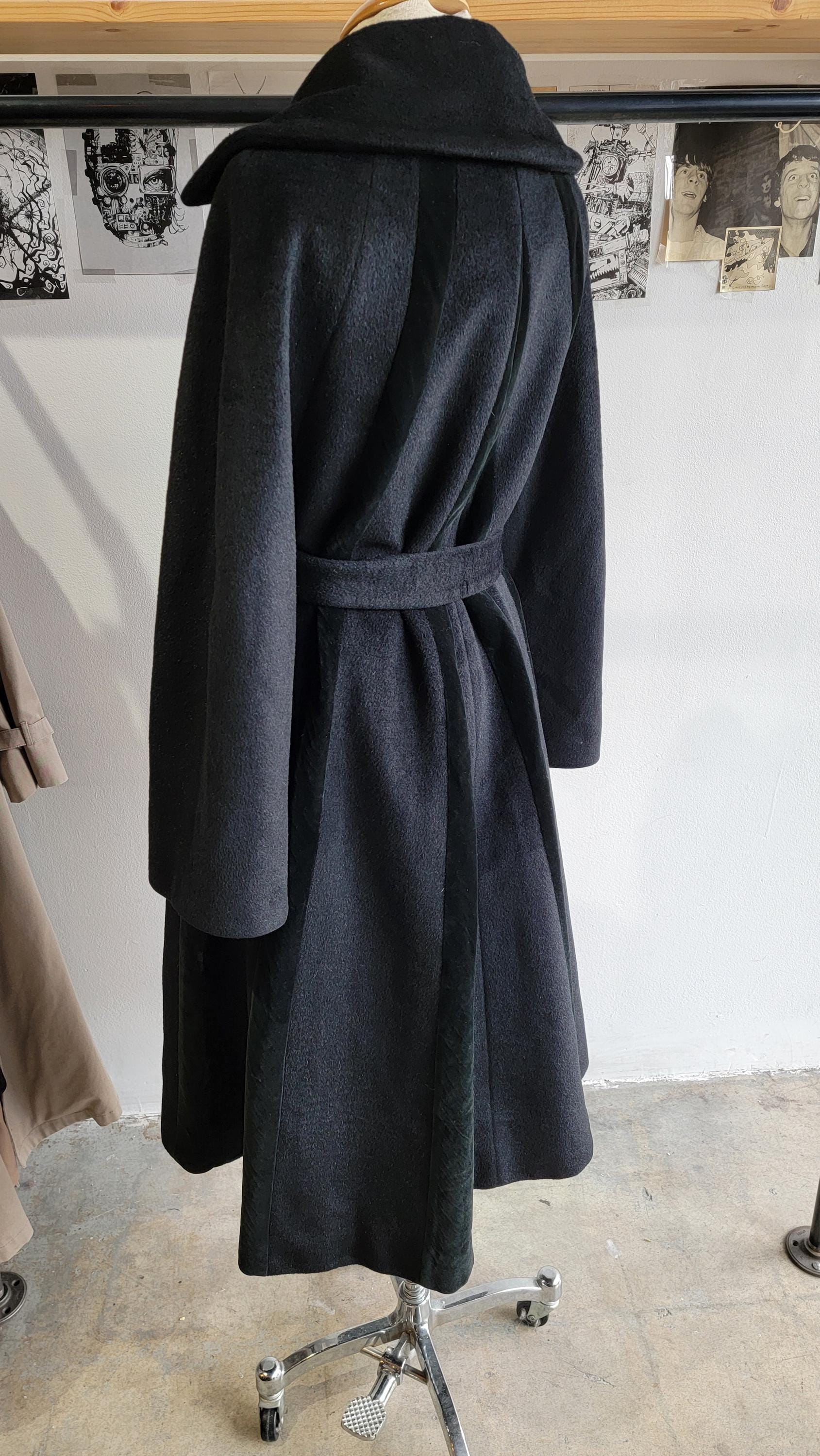 Vintage 1950s Lilli Ann Wool and Velvet Swing Coat | Black | Belted | Rainbow Tafetta lining