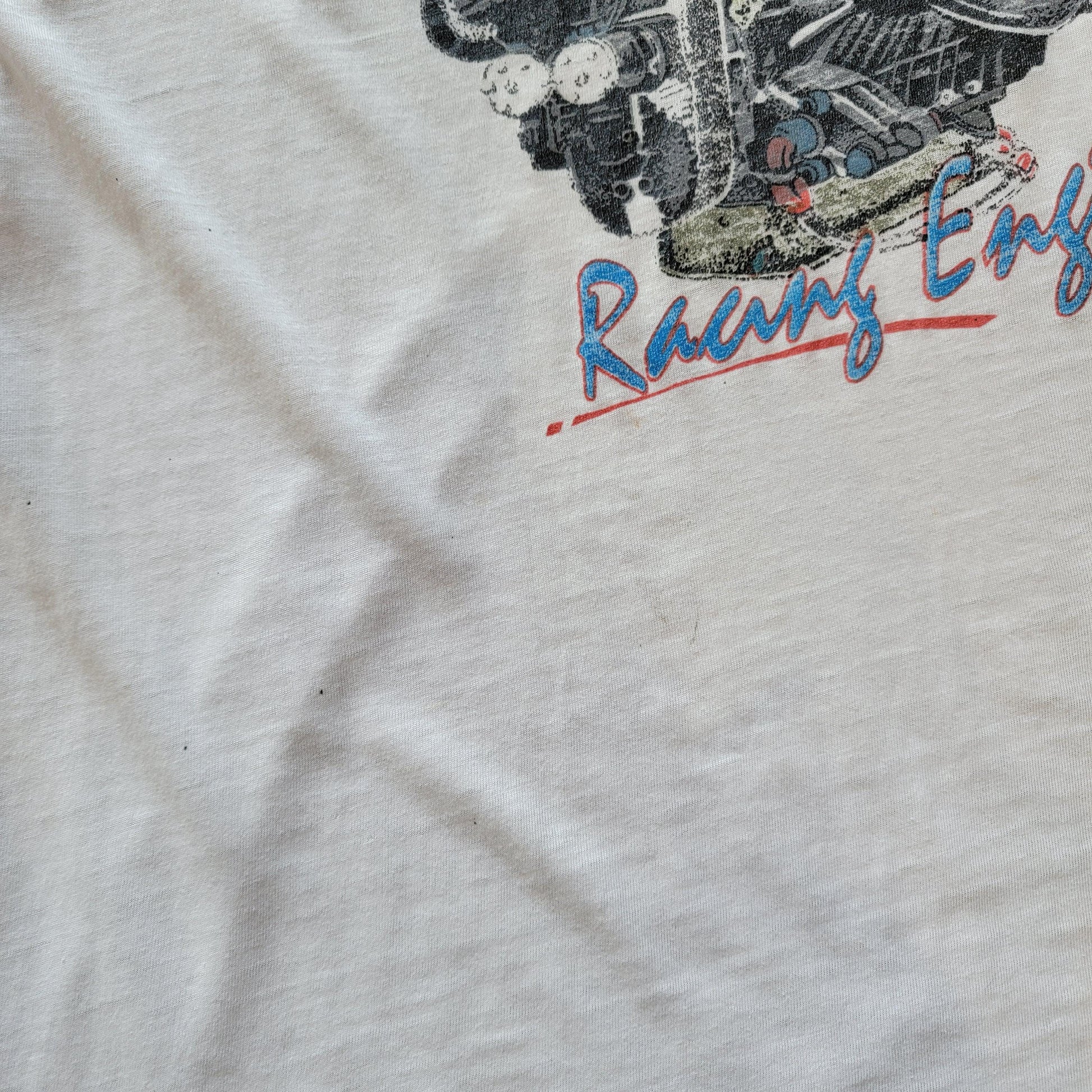 Vintage 80s Lee Bros Racing Engines Ringer T-Shirt | Thin | Distressed | Size Medium | Single Stitch | White + Blue | Faded