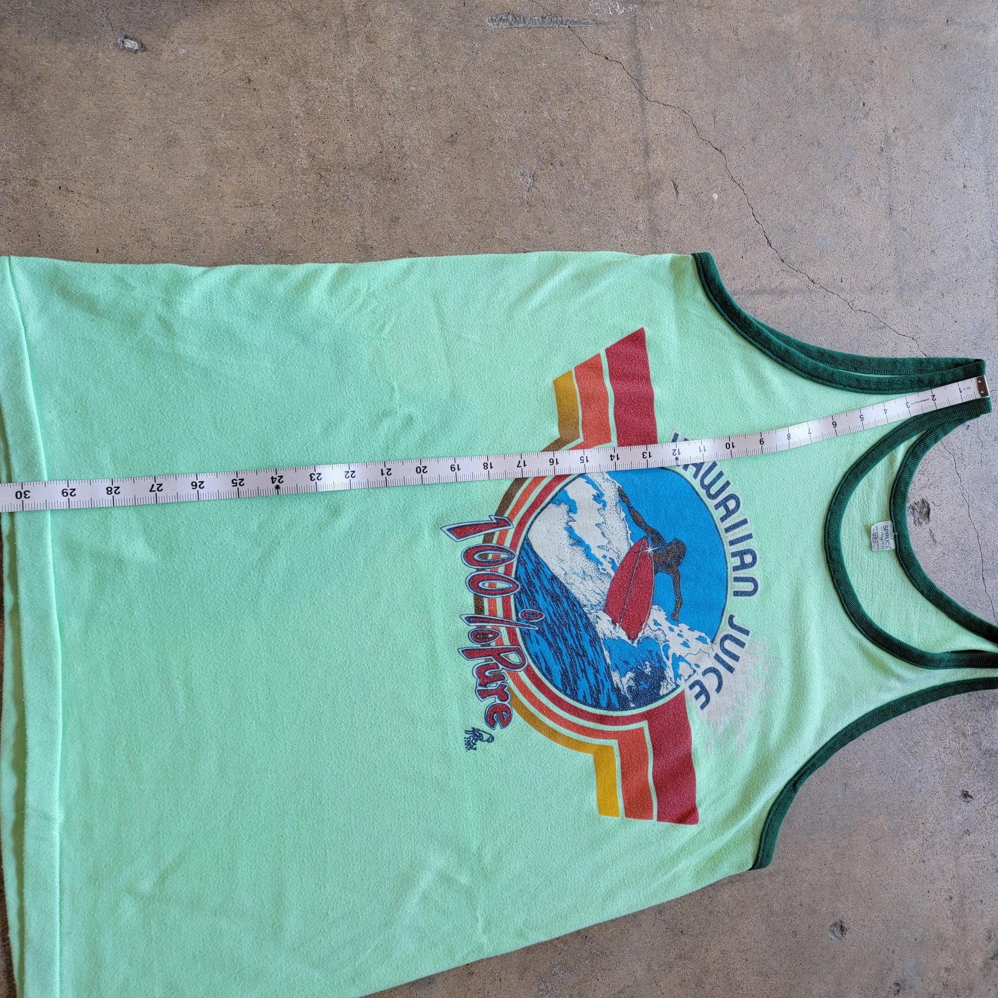 Vintage 70s Mayo Spruce Hawaiian Surf Tank | Mint Green Ringer | Size Large to Extra Large | Hawaiian Juice 100% Juice | Stretchy