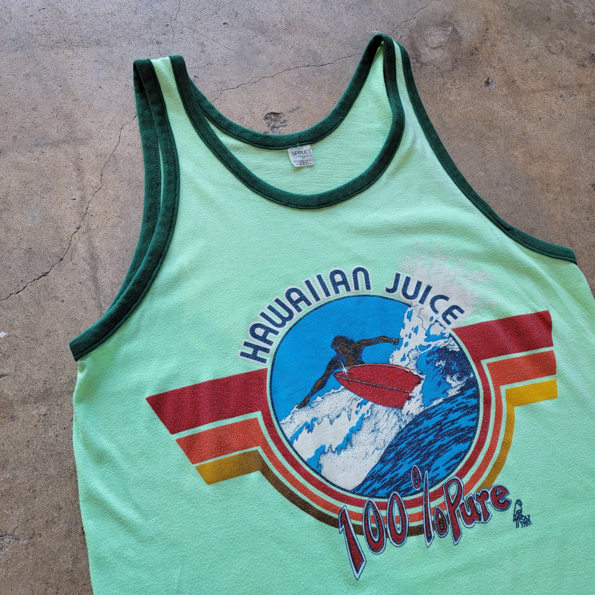 Vintage 70s Mayo Spruce Hawaiian Surf Tank | Mint Green Ringer | Size Large to Extra Large | Hawaiian Juice 100% Juice | Stretchy