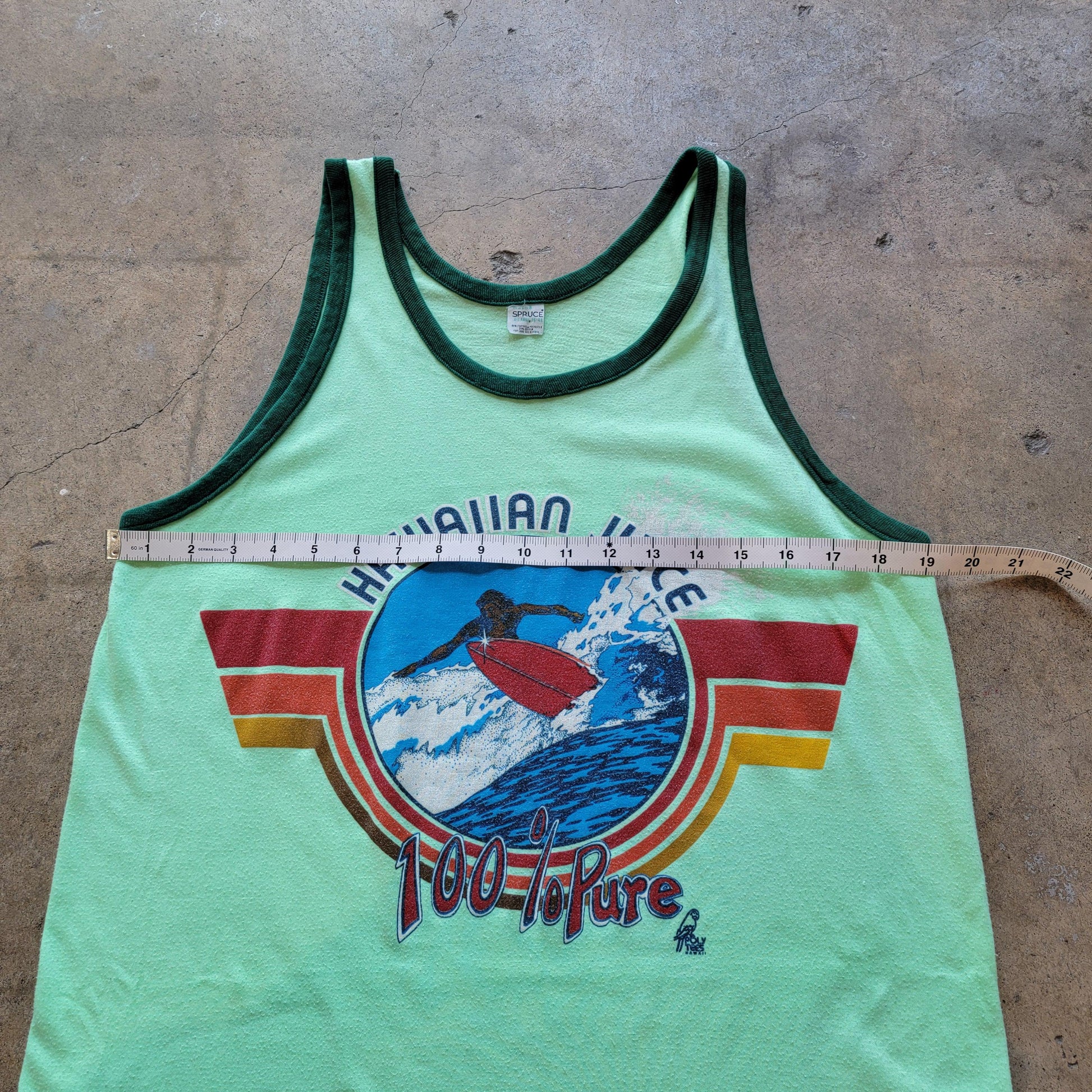 Vintage 70s Mayo Spruce Hawaiian Surf Tank | Mint Green Ringer | Size Large to Extra Large | Hawaiian Juice 100% Juice | Stretchy