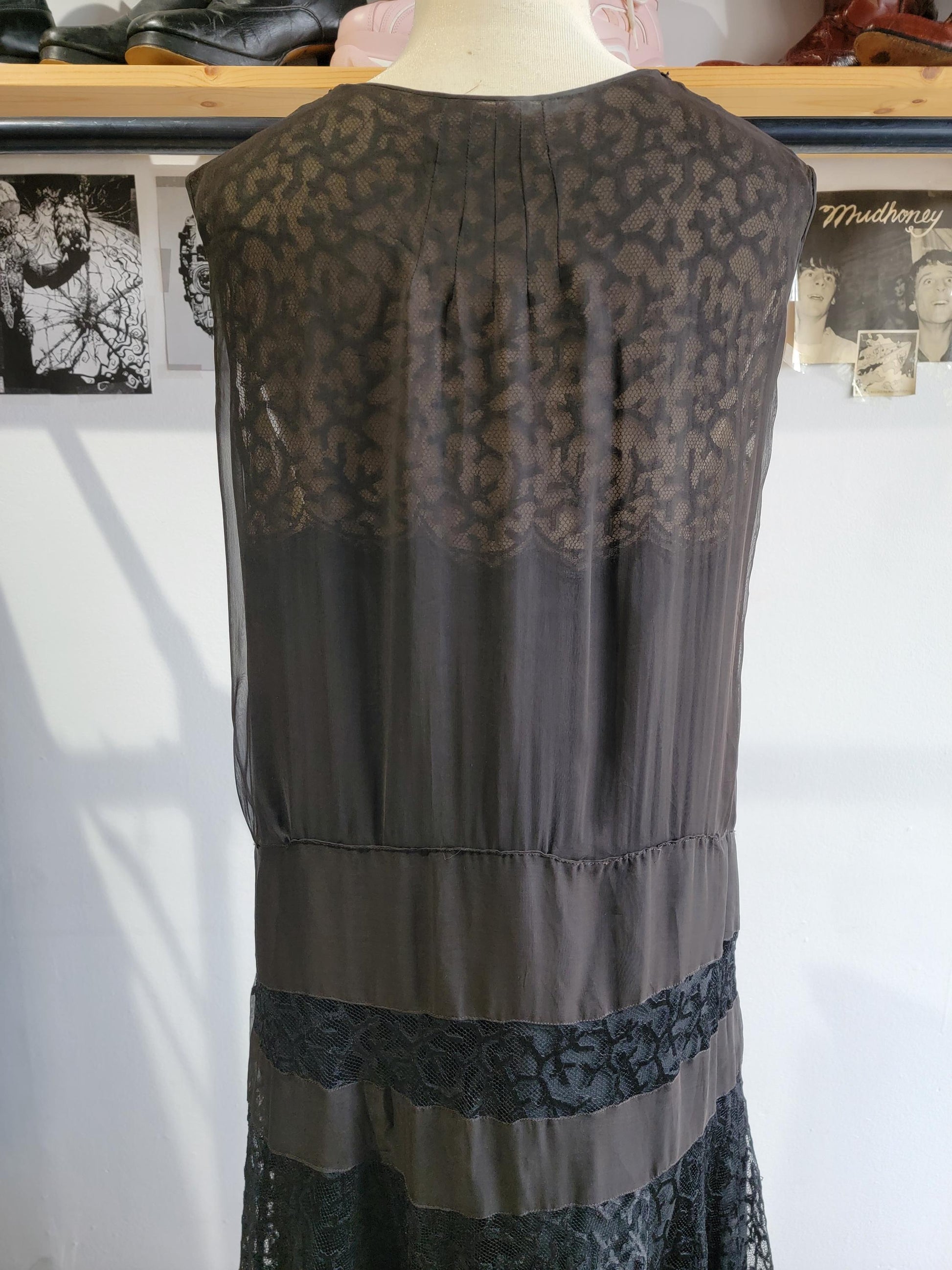 Antique 1920s Black Lace Dress | Size XL | Wendell New York | Drop Waist | Sleeveless | Flapper | Layered | Chiffon