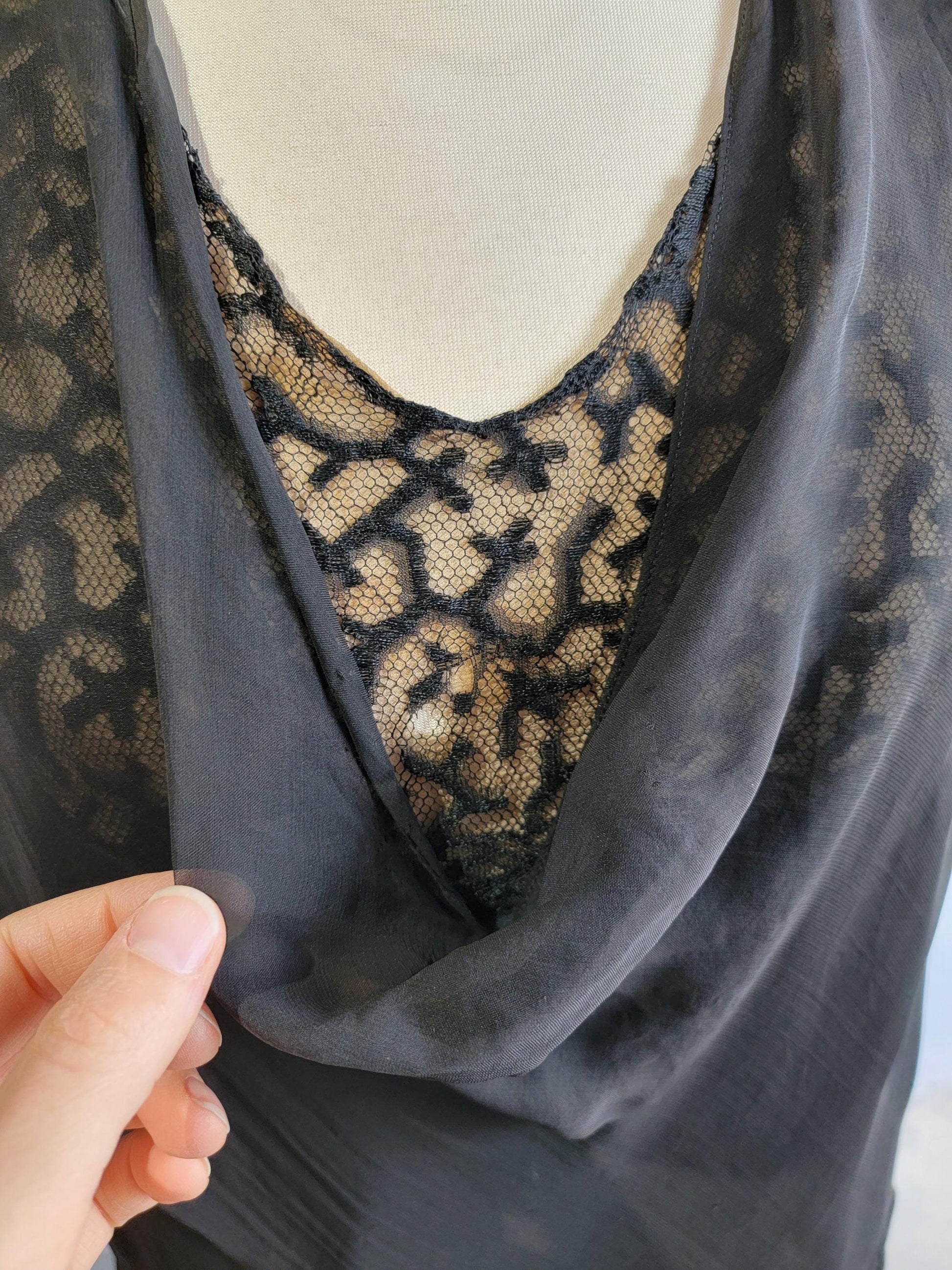 Antique 1920s Black Lace Dress | Size XL | Wendell New York | Drop Waist | Sleeveless | Flapper | Layered | Chiffon