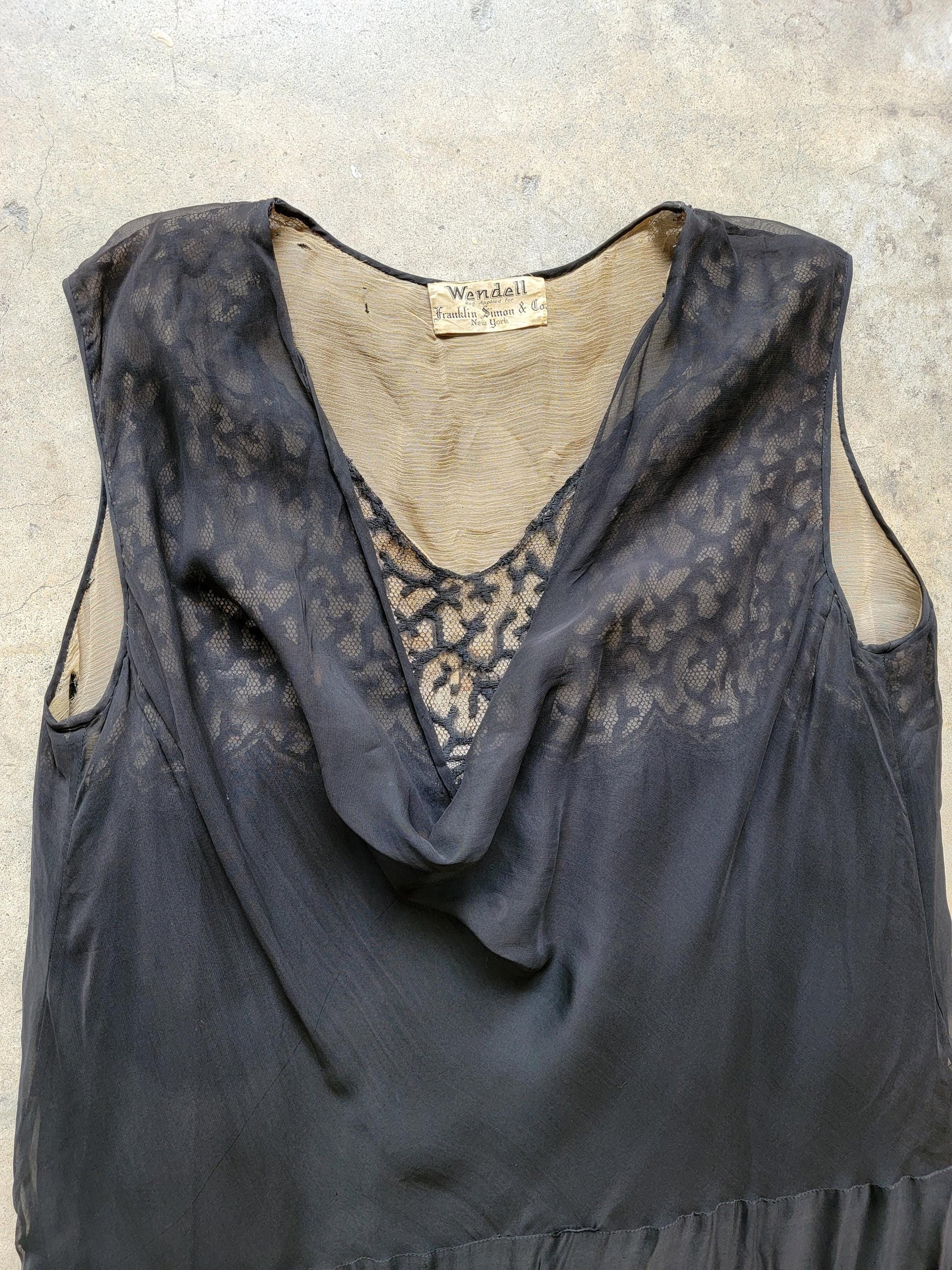 Antique 1920s Black Lace Dress | Size XL | Wendell New York | Drop Waist | Sleeveless | Flapper | Layered | Chiffon