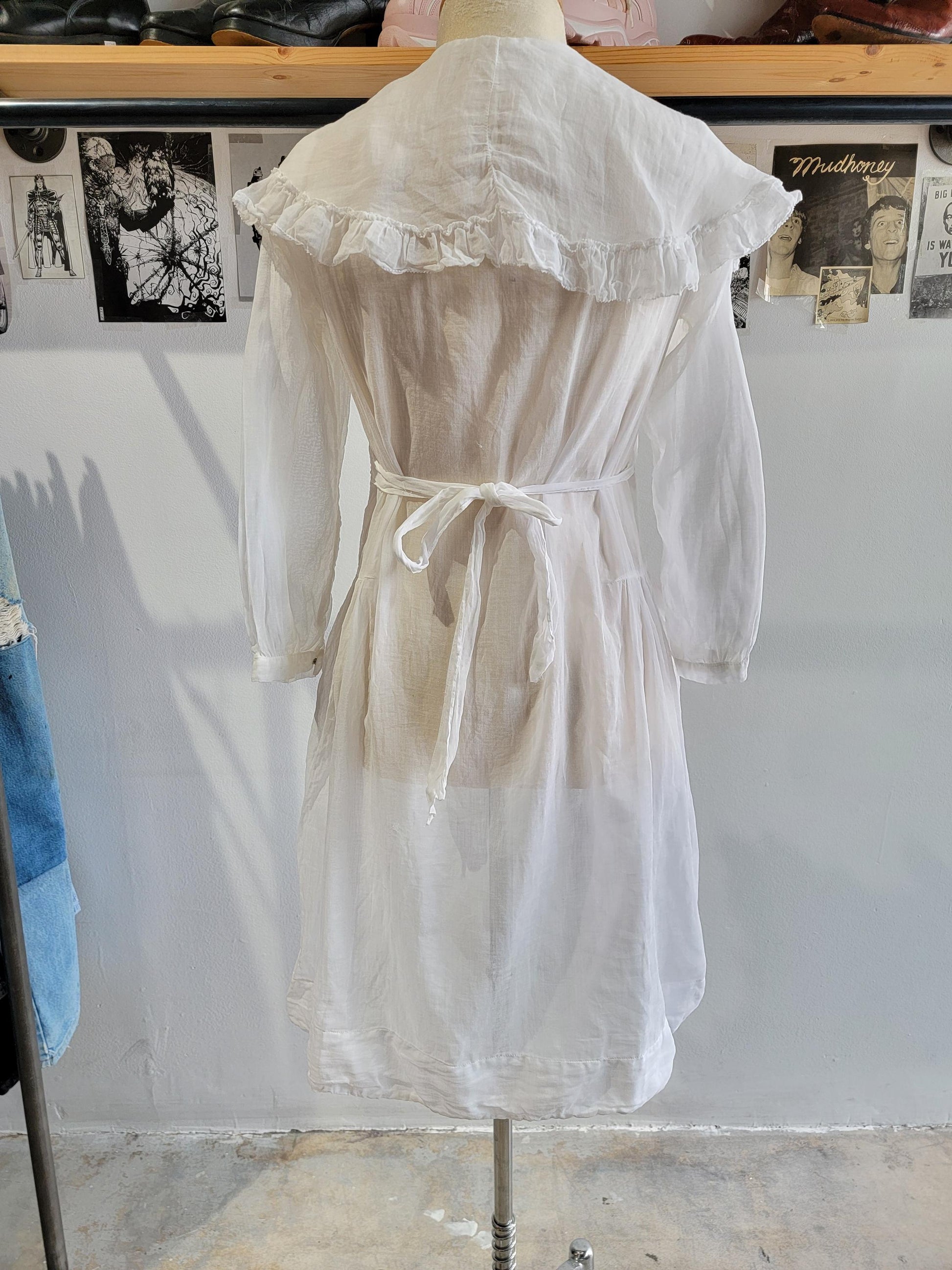 Antique White Voile Dress | Sheer | Baby Doll | Drop Waist | Cotton | Sailor Collar | Ruffles | Long Sleeve | Size XS