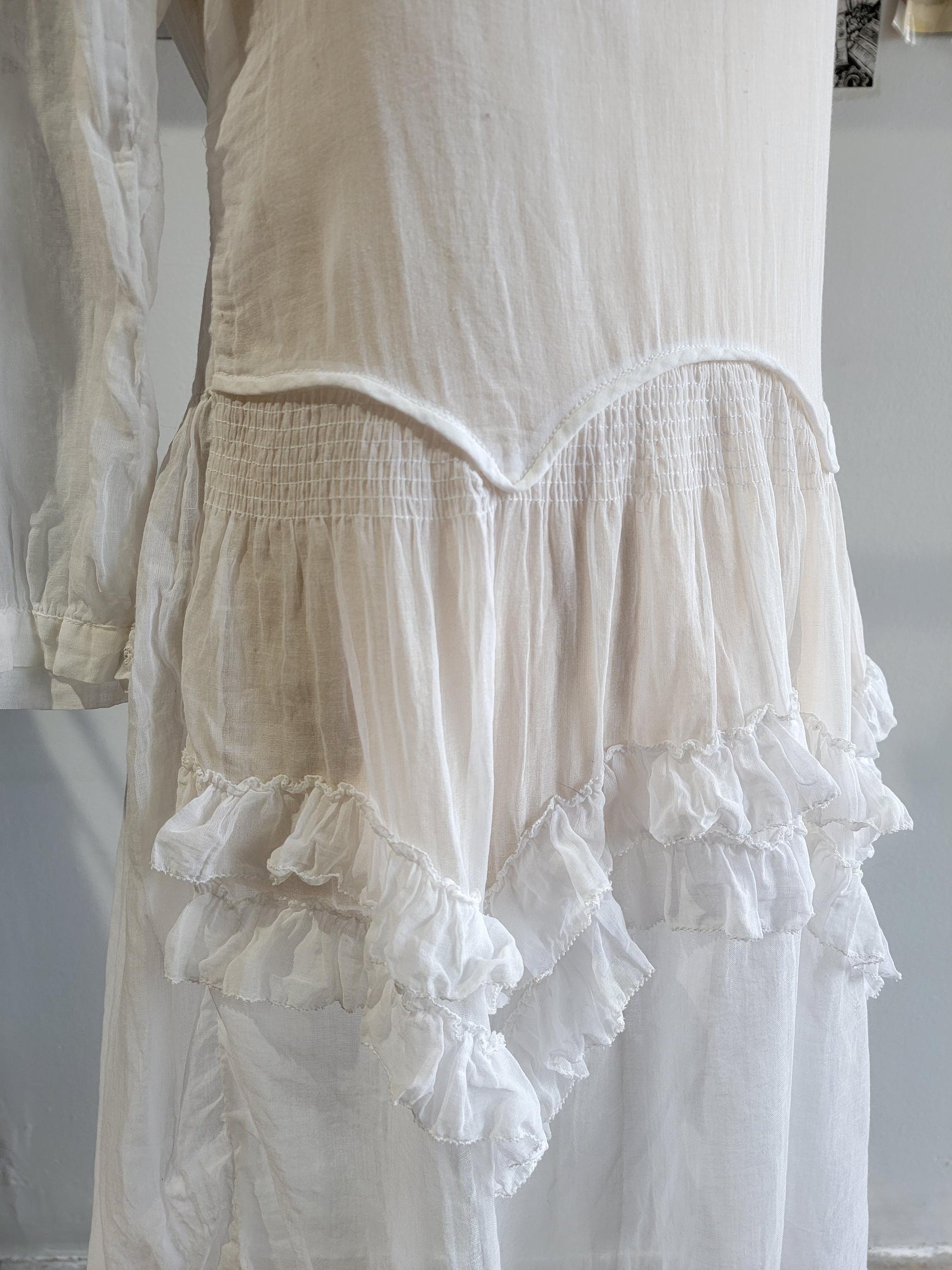 Antique White Voile Dress | Sheer | Baby Doll | Drop Waist | Cotton | Sailor Collar | Ruffles | Long Sleeve | Size XS