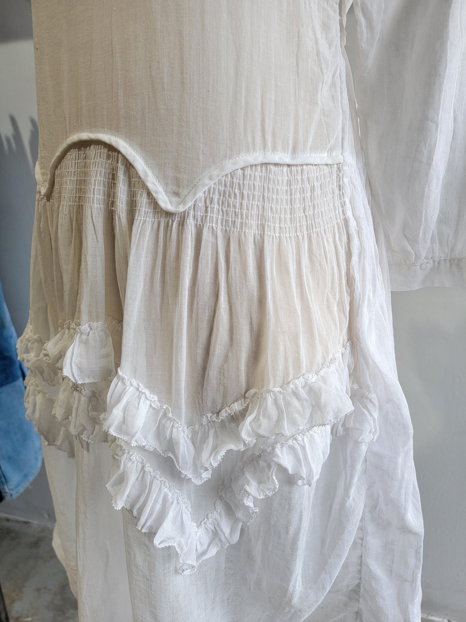 Antique White Voile Dress | Sheer | Baby Doll | Drop Waist | Cotton | Sailor Collar | Ruffles | Long Sleeve | Size XS