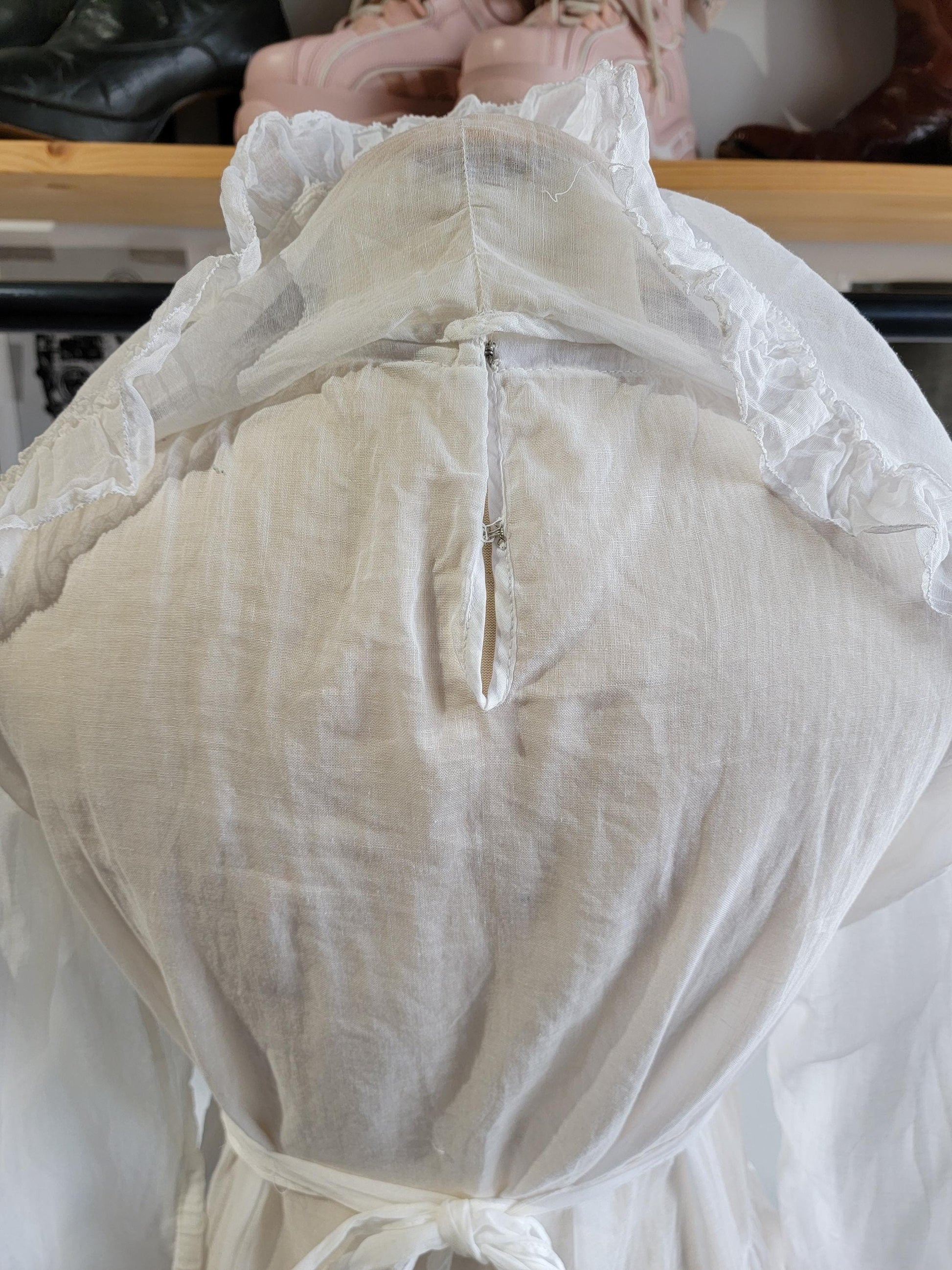 Antique White Voile Dress | Sheer | Baby Doll | Drop Waist | Cotton | Sailor Collar | Ruffles | Long Sleeve | Size XS