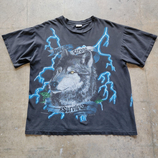 Vintage 90s American Thunder Wolf T-Shirt | USA | Only The Strong Survive | Boxy XL Fit | Single Stitch | Faded | Worn | Lightning | Biker