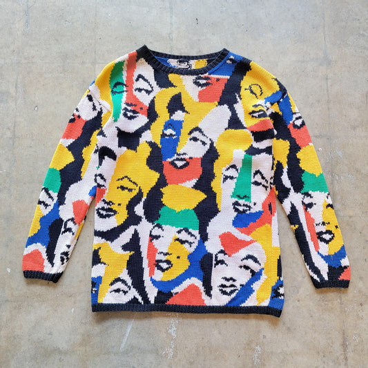 Vintage 80s Marilyn Monroe Andy Warhol Sweater | Hand Knit | Cotton | Size Medium | Chunky | Colourful | Rare | Pop Art