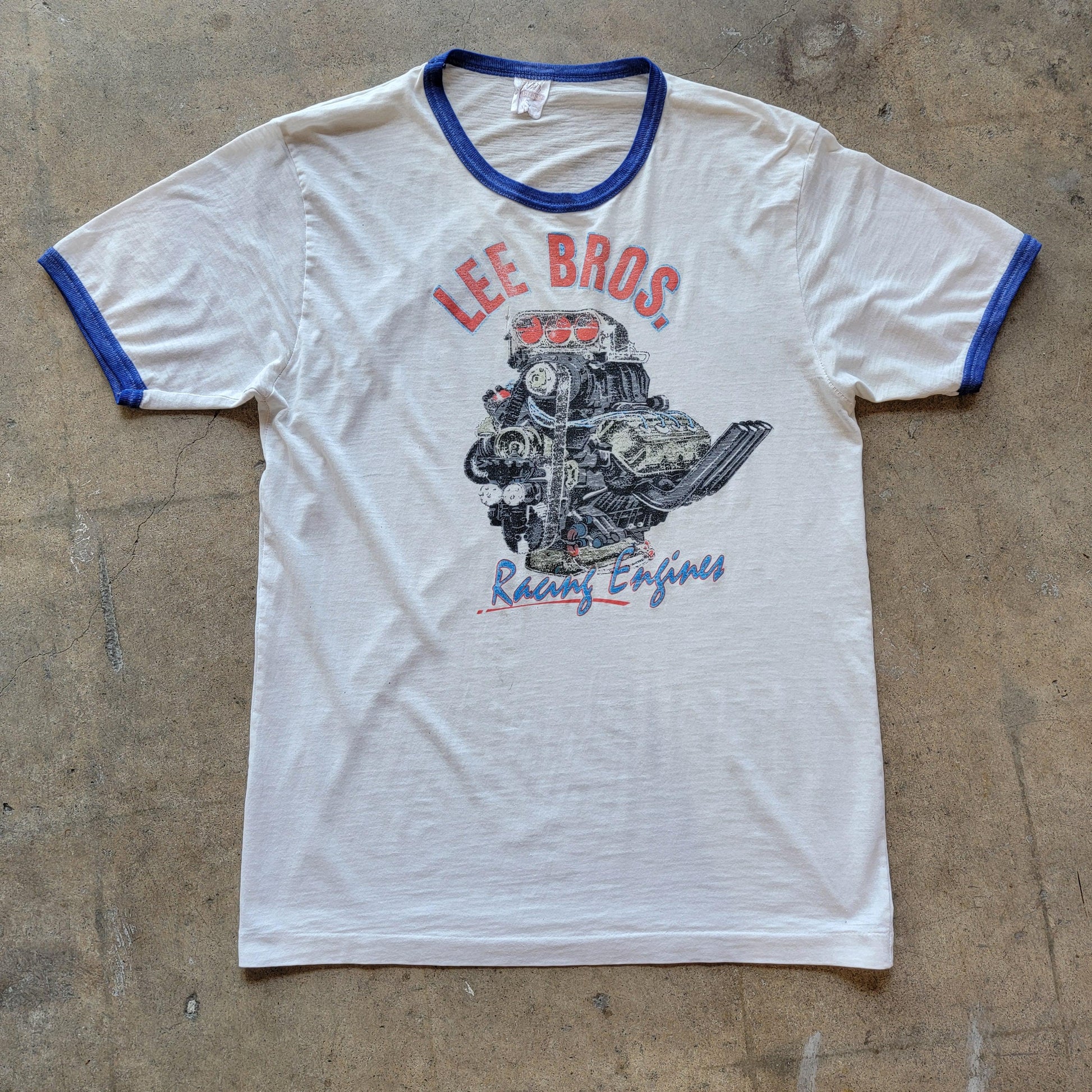 Vintage 80s Lee Bros Racing Engines Ringer T-Shirt | Thin | Distressed | Size Medium | Single Stitch | White + Blue | Faded