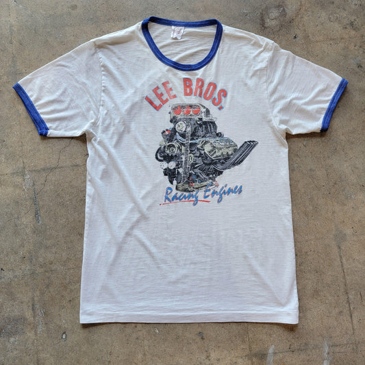 Vintage 80s Lee Bros Racing Engines Ringer T-Shirt | Thin | Distressed | Size Medium | Single Stitch | White + Blue | Faded