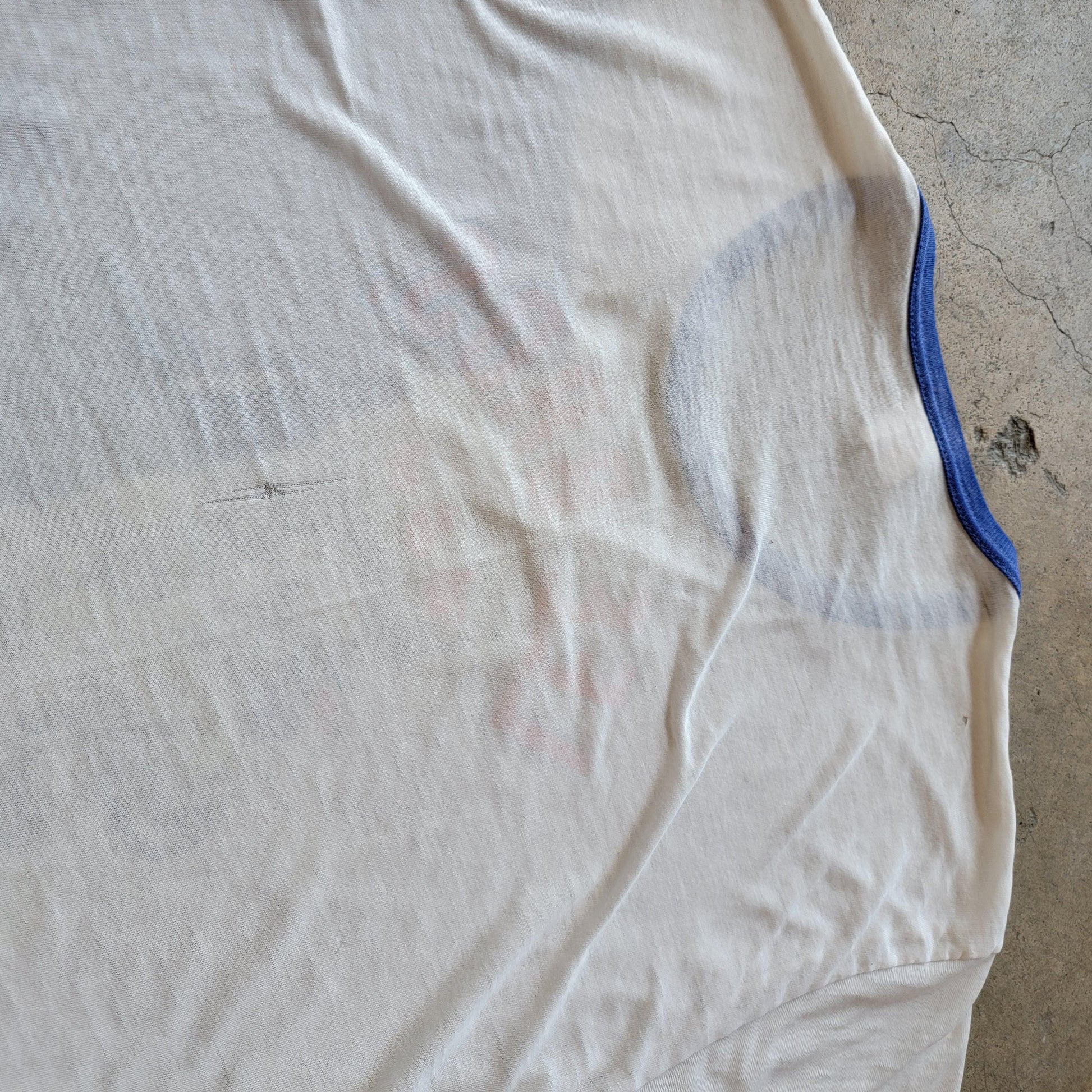 Vintage 80s Lee Bros Racing Engines Ringer T-Shirt | Thin | Distressed | Size Medium | Single Stitch | White + Blue | Faded