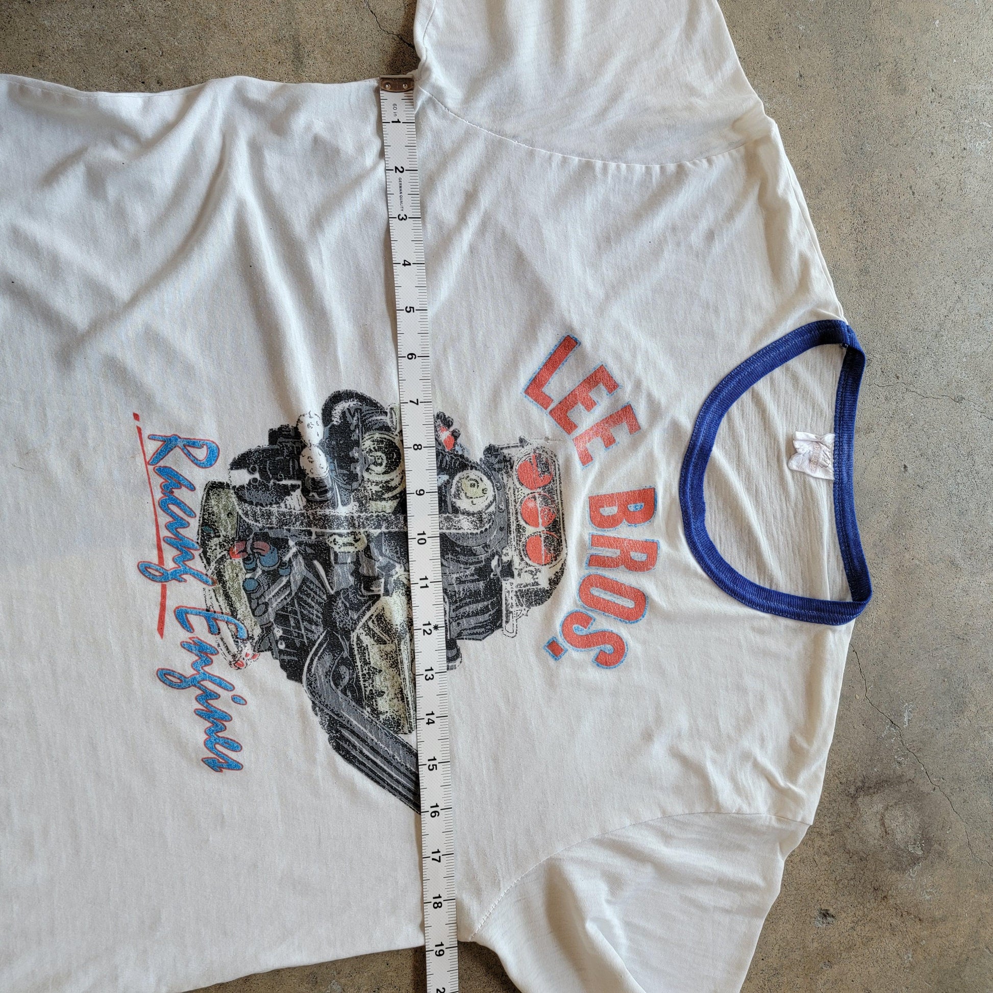 Vintage 80s Lee Bros Racing Engines Ringer T-Shirt | Thin | Distressed | Size Medium | Single Stitch | White + Blue | Faded