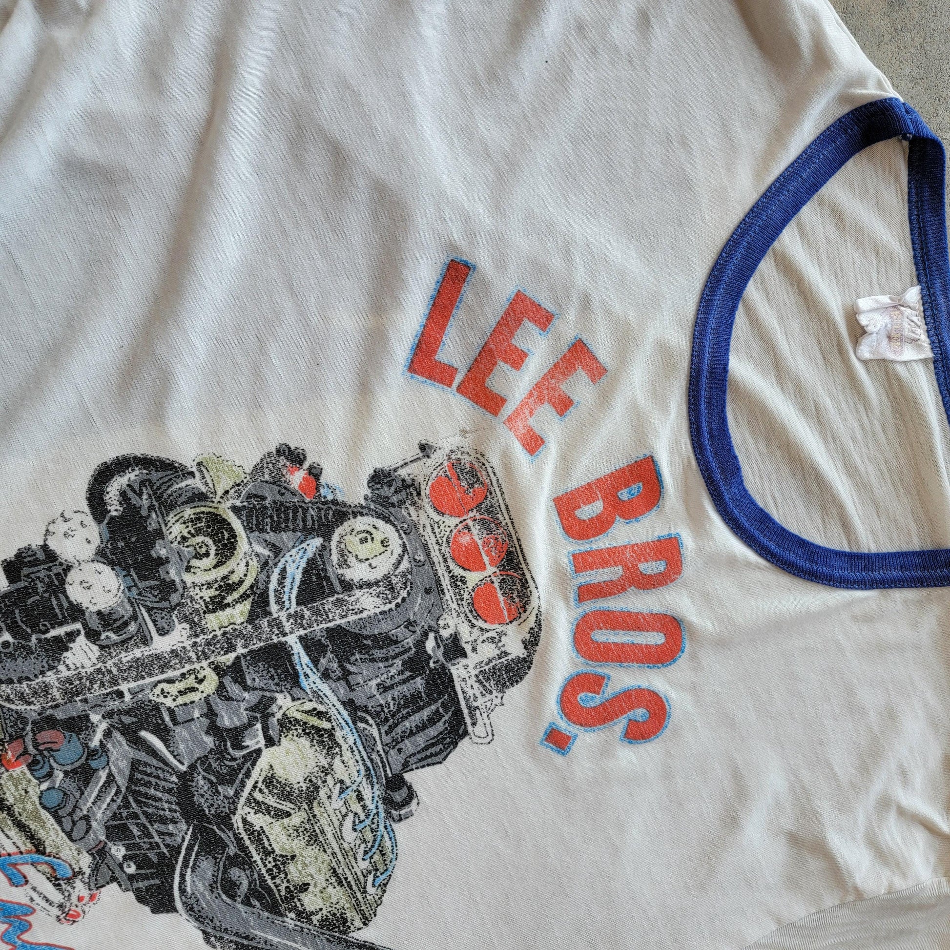 Vintage 80s Lee Bros Racing Engines Ringer T-Shirt | Thin | Distressed | Size Medium | Single Stitch | White + Blue | Faded