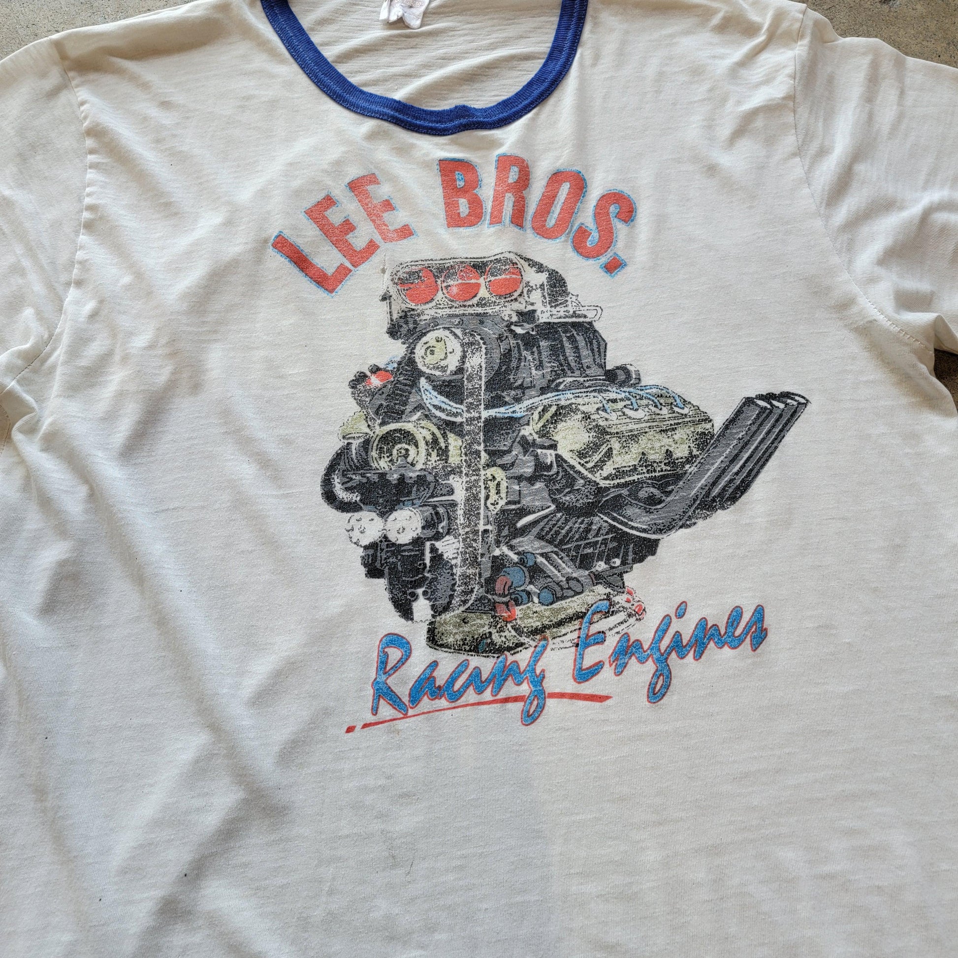 Vintage 80s Lee Bros Racing Engines Ringer T-Shirt | Thin | Distressed | Size Medium | Single Stitch | White + Blue | Faded