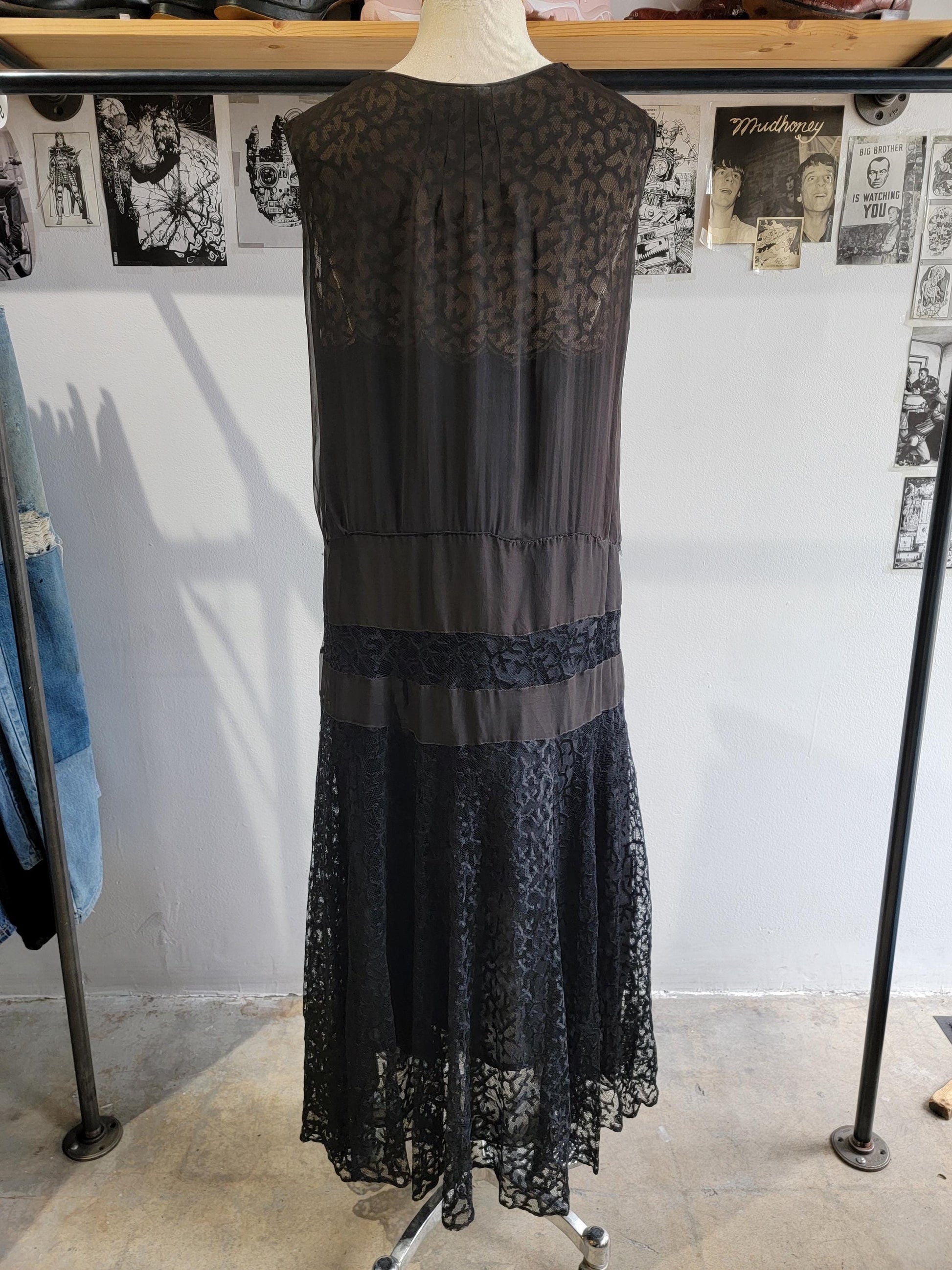 Antique 1920s Black Lace Dress | Size XL | Wendell New York | Drop Waist | Sleeveless | Flapper | Layered | Chiffon