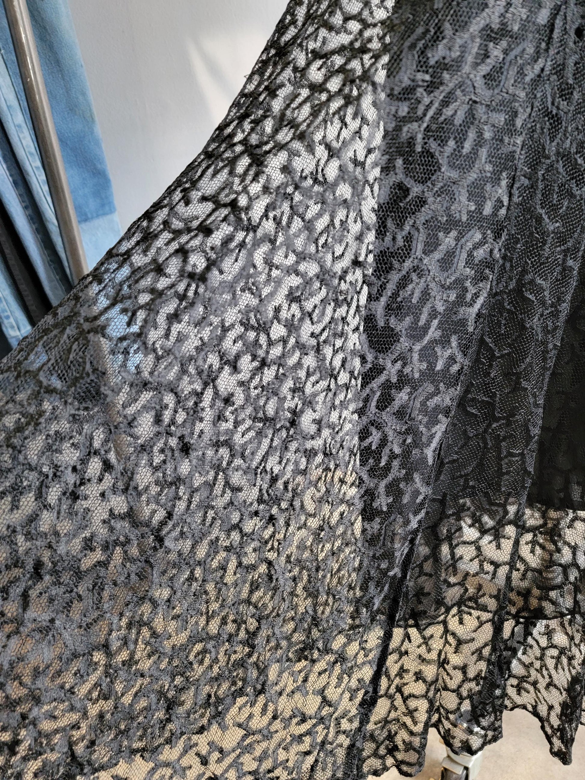 Antique 1920s Black Lace Dress | Size XL | Wendell New York | Drop Waist | Sleeveless | Flapper | Layered | Chiffon