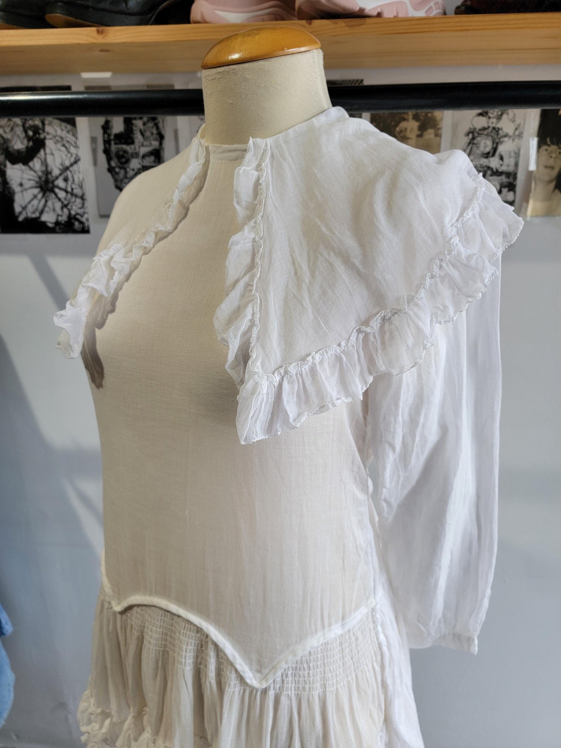 Antique White Voile Dress | Sheer | Baby Doll | Drop Waist | Cotton | Sailor Collar | Ruffles | Long Sleeve | Size XS