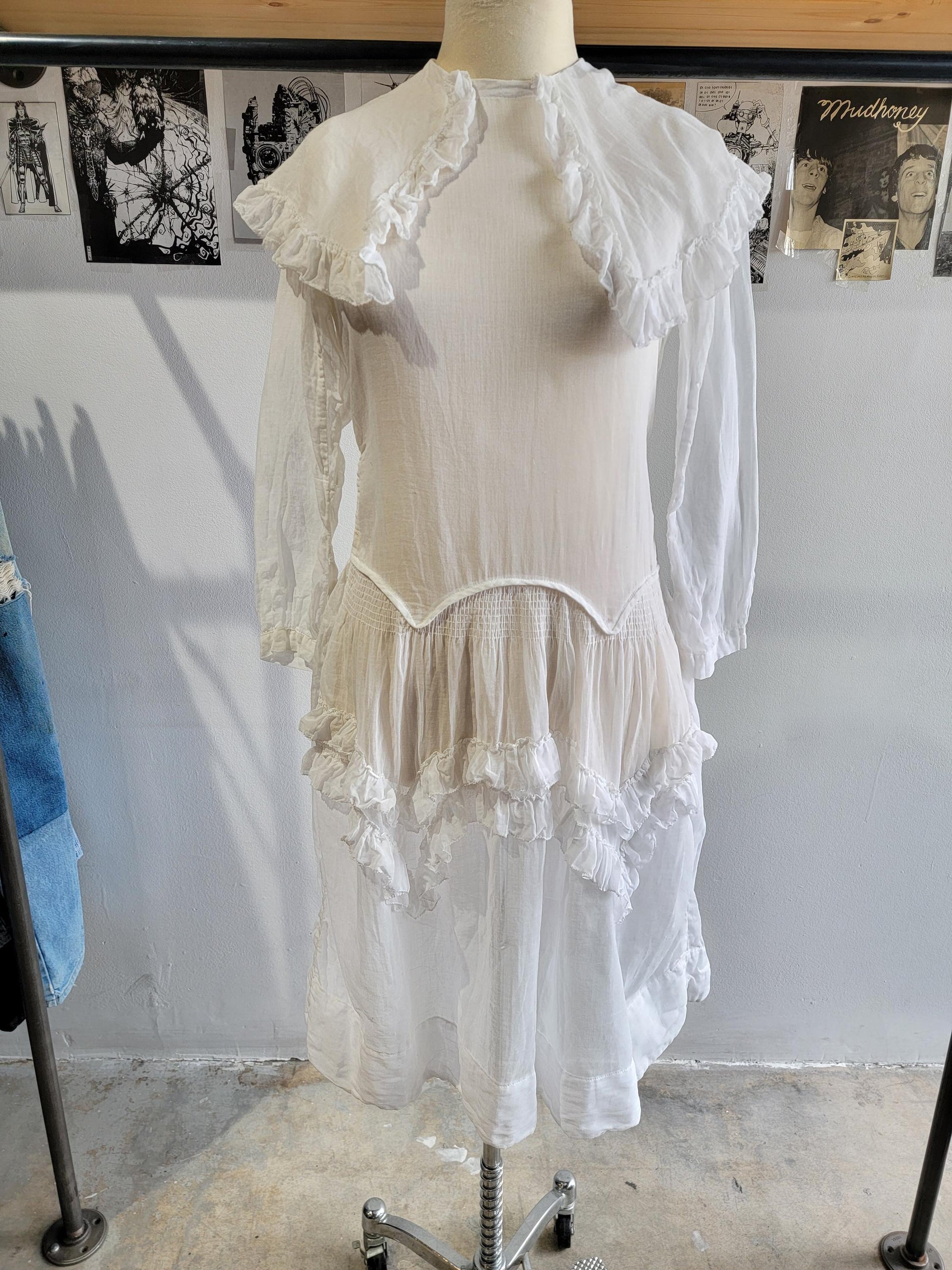 Antique White Voile Dress | Sheer | Baby Doll | Drop Waist | Cotton | Sailor Collar | Ruffles | Long Sleeve | Size XS