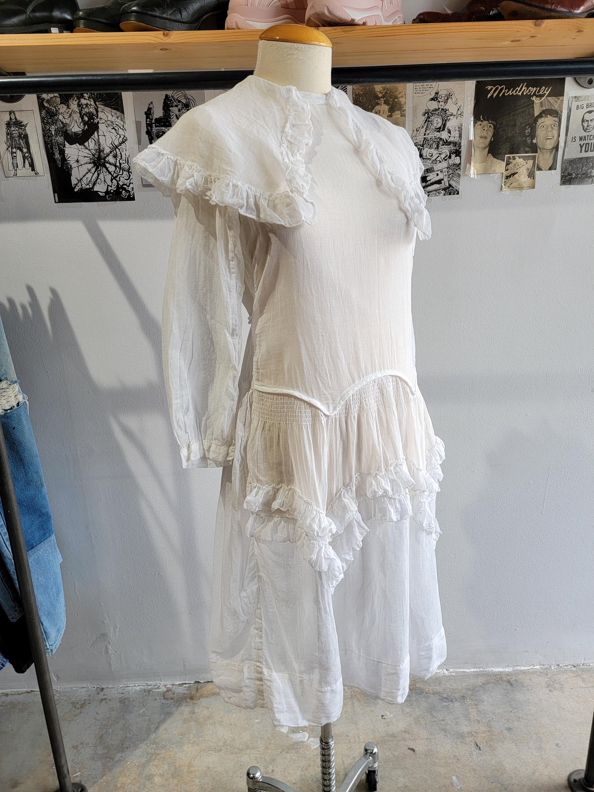 Antique White Voile Dress | Sheer | Baby Doll | Drop Waist | Cotton | Sailor Collar | Ruffles | Long Sleeve | Size XS