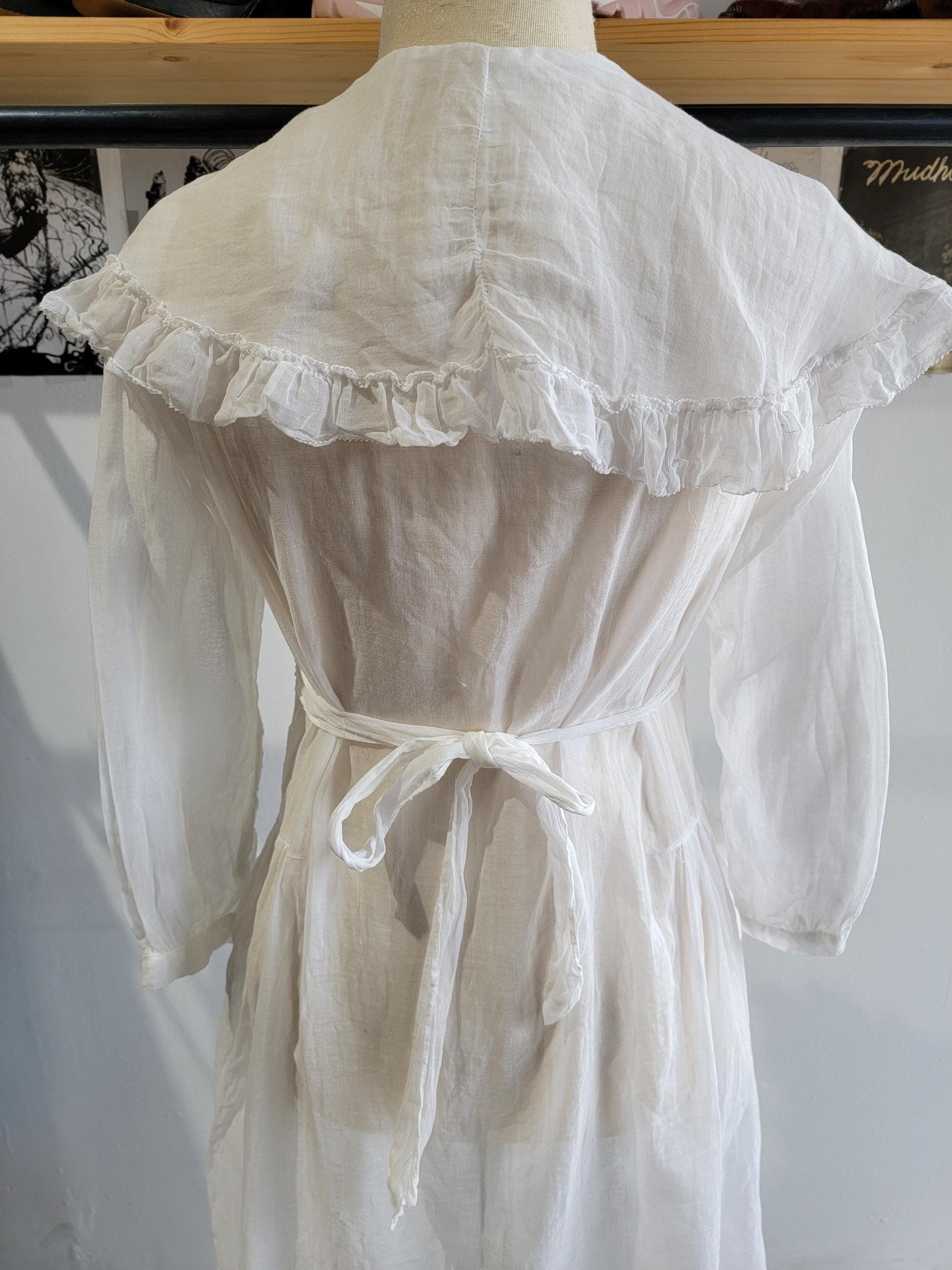 Antique White Voile Dress | Sheer | Baby Doll | Drop Waist | Cotton | Sailor Collar | Ruffles | Long Sleeve | Size XS