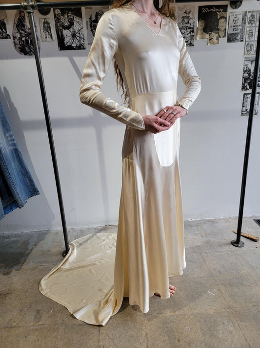 Vintage 1930s Silk Liquid Satin Wedding Gown with Train | XS | Long Sleeve |