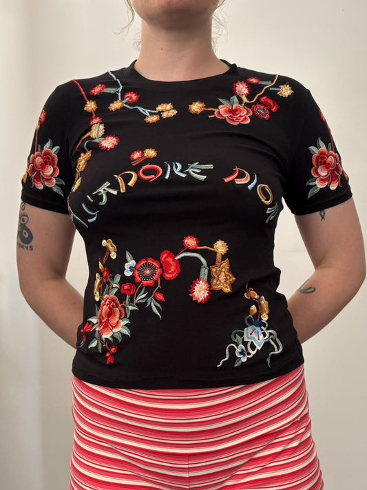 Vintage S/S 2001 J’adore Dior Black Tee | Christian Dior | Size 8 | Small | Designer | Embroidered | Sequin