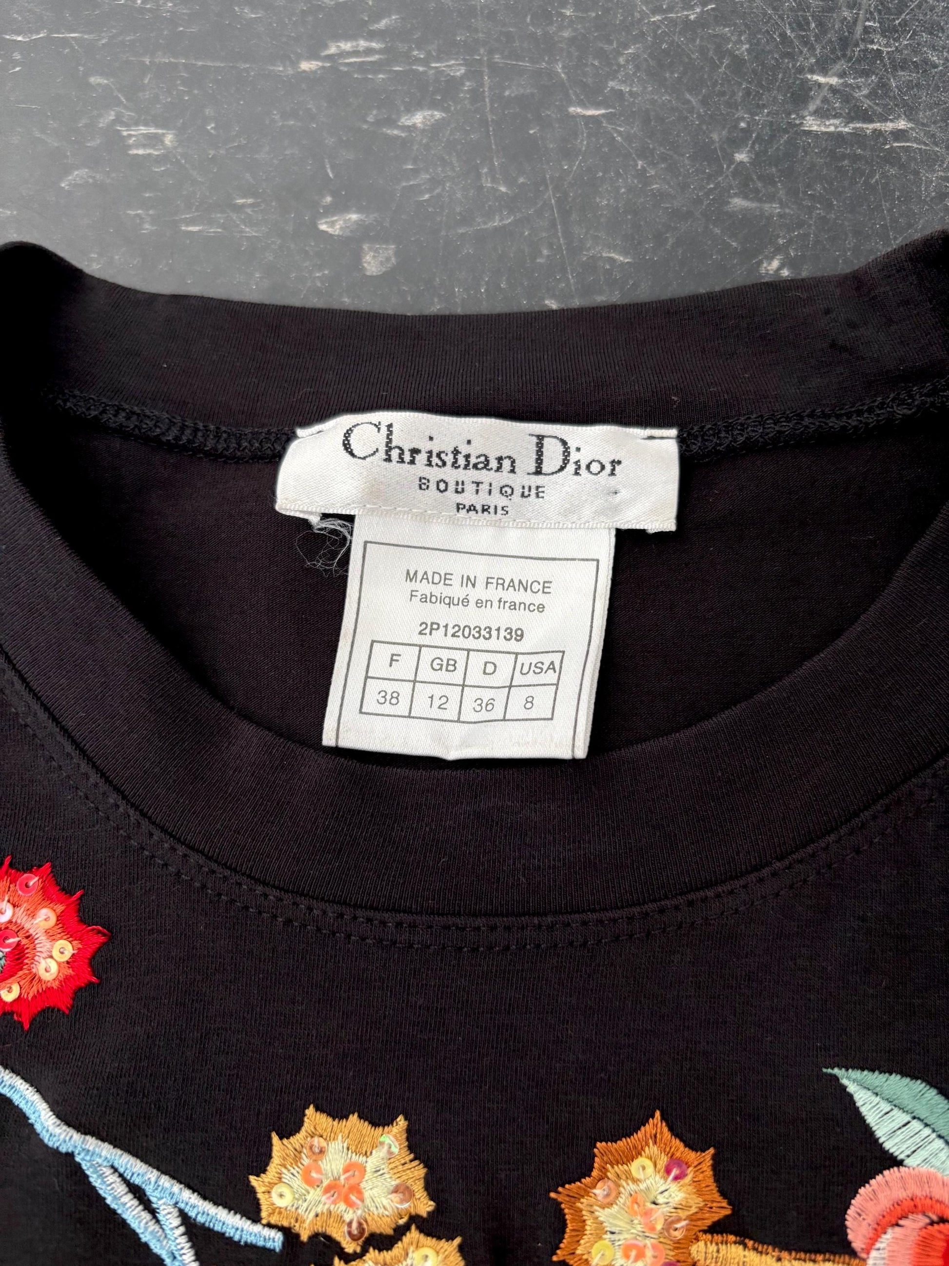 Vintage S/S 2001 J’adore Dior Black Tee | Christian Dior | Size 8 | Small | Designer | Embroidered | Sequin
