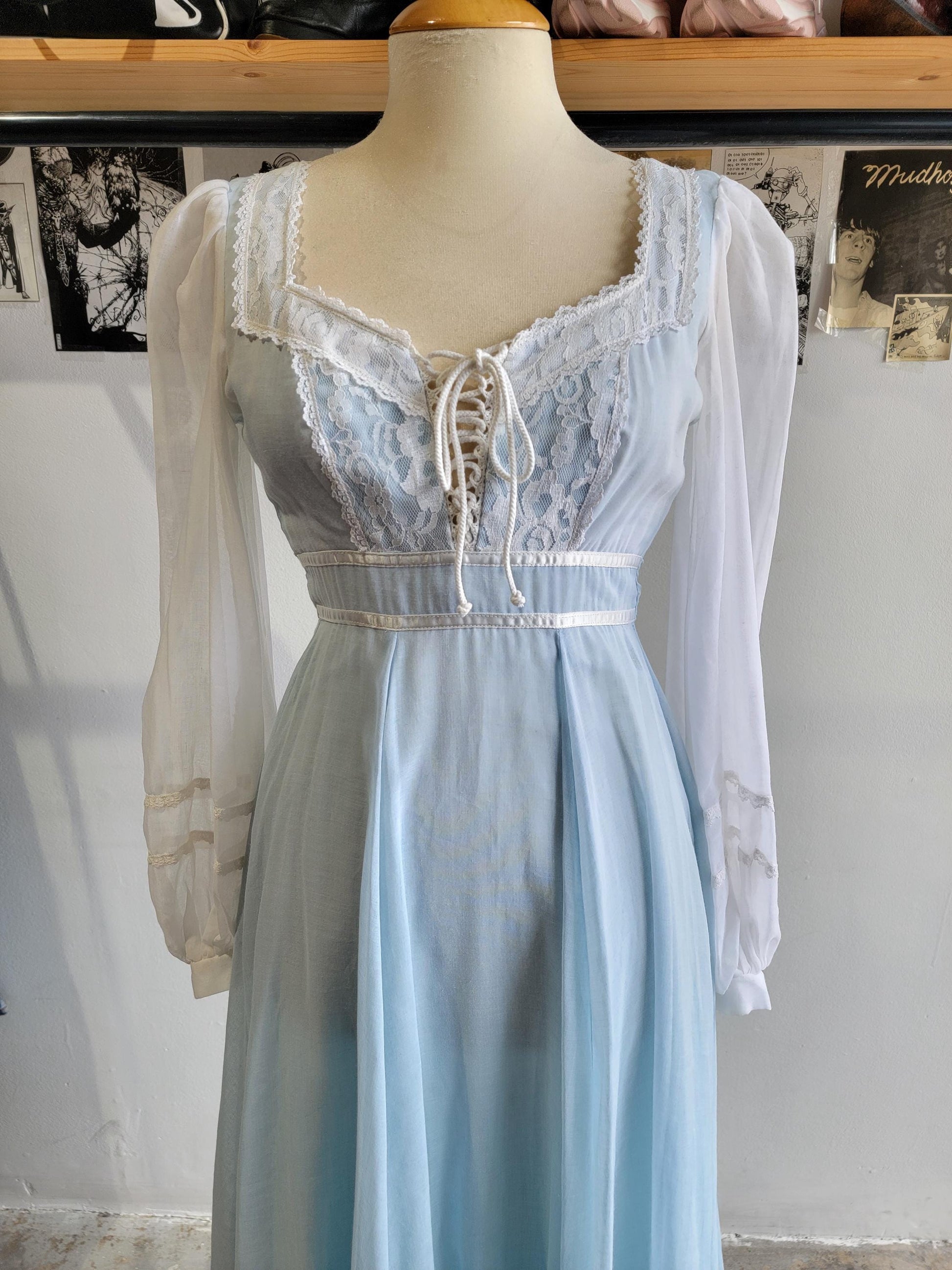 Vintage 1970s Prairie Dress | Light Blue and White | Long Sleeve | Size XS