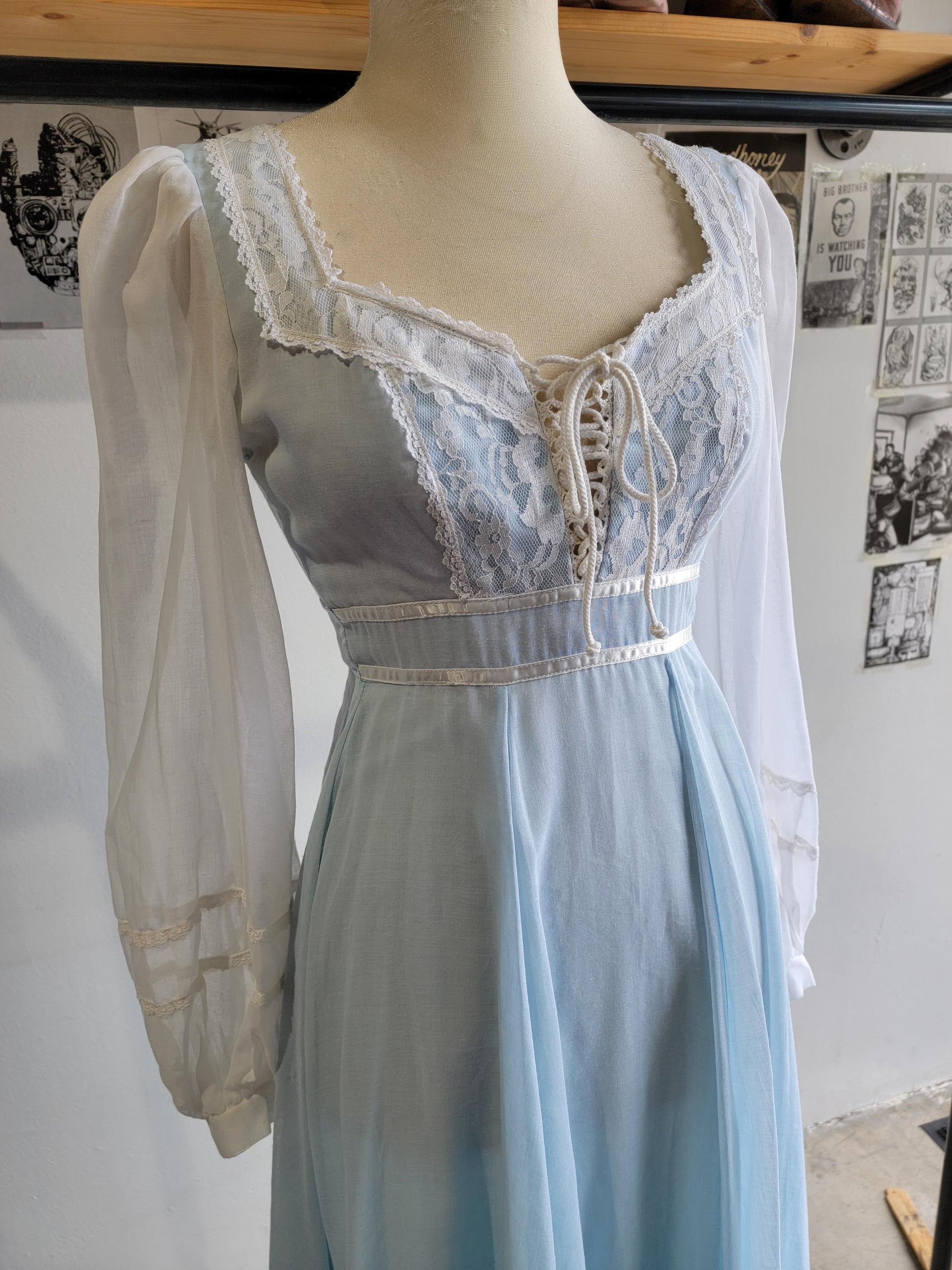 Vintage 1970s Prairie Dress | Light Blue and White | Long Sleeve | Size XS