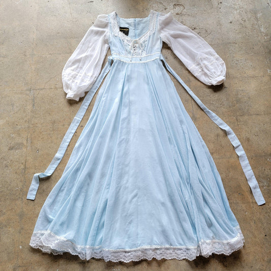 Vintage 1970s Prairie Dress | Light Blue and White | Long Sleeve | Size XS