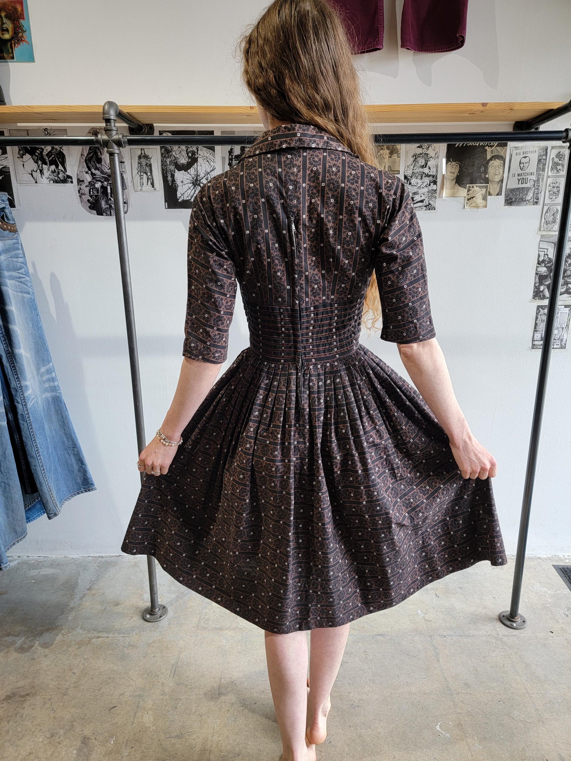 Vintage 1950s Pixie of California Cotton Dress |XS | Brown and Black | Pin Tucks | Stripes | Fit and Flare