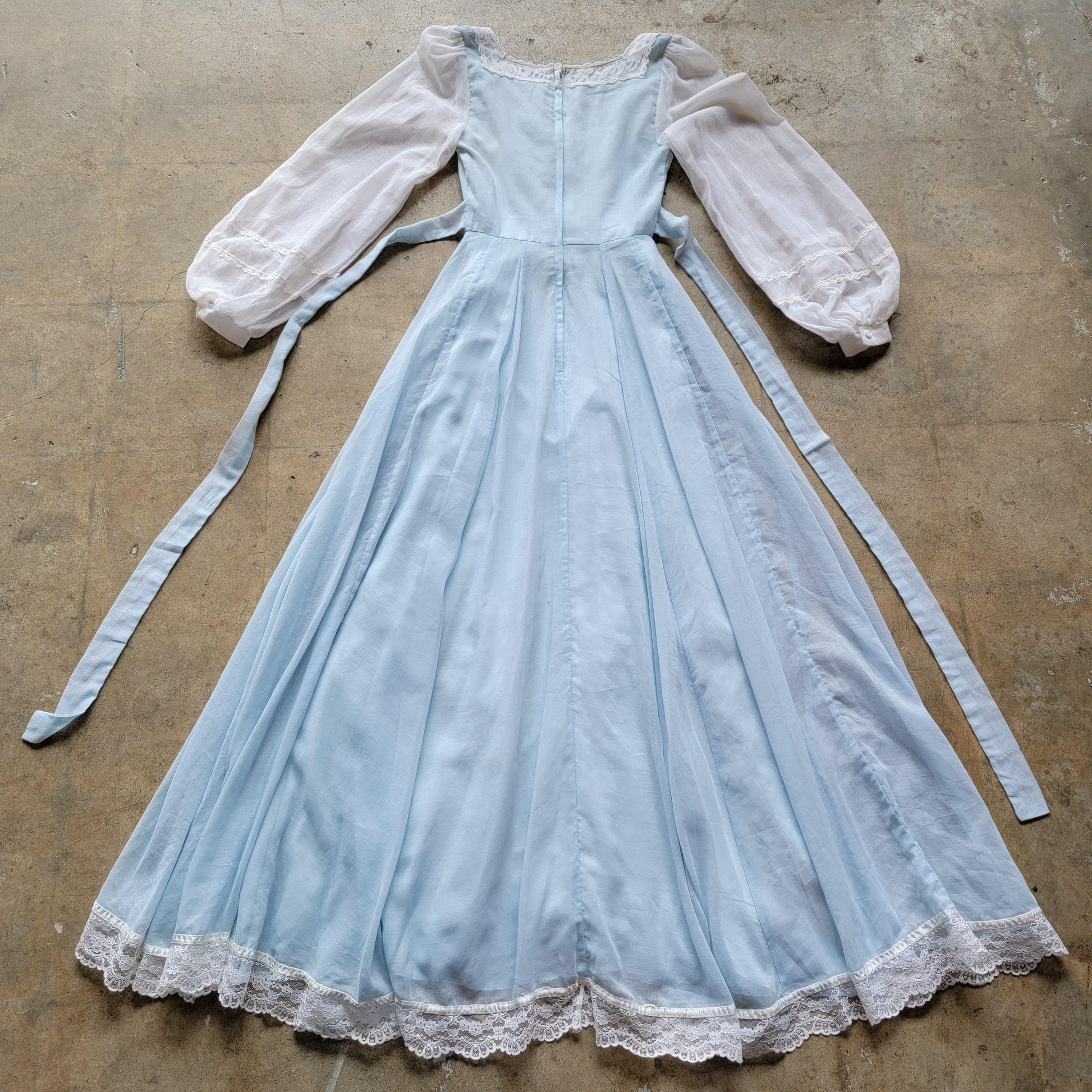 Vintage 1970s Prairie Dress | Light Blue and White | Long Sleeve | Size XS