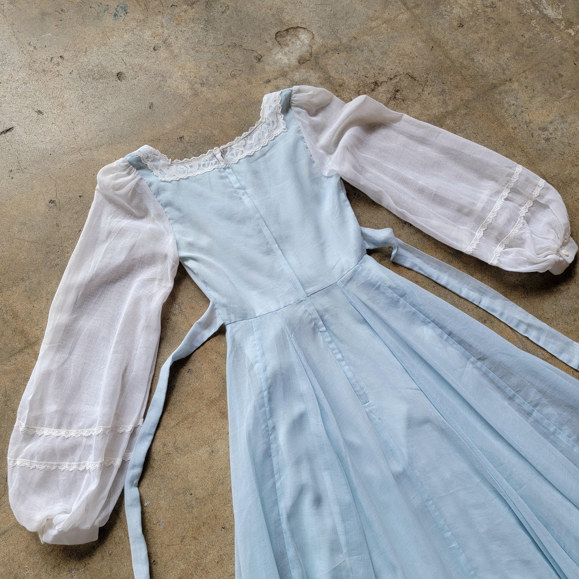 Vintage 1970s Prairie Dress | Light Blue and White | Long Sleeve | Size XS
