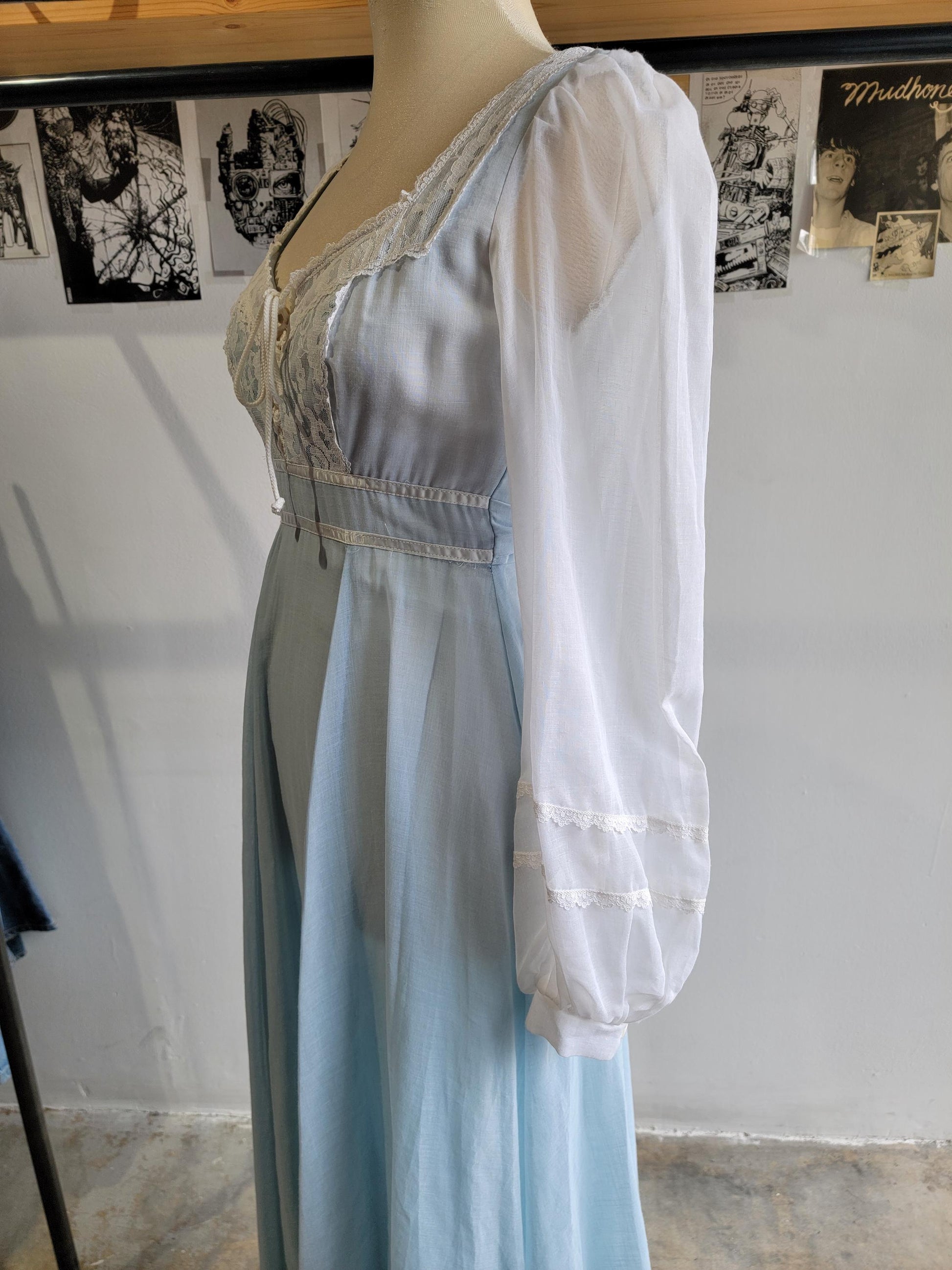 Vintage 1970s Prairie Dress | Light Blue and White | Long Sleeve | Size XS