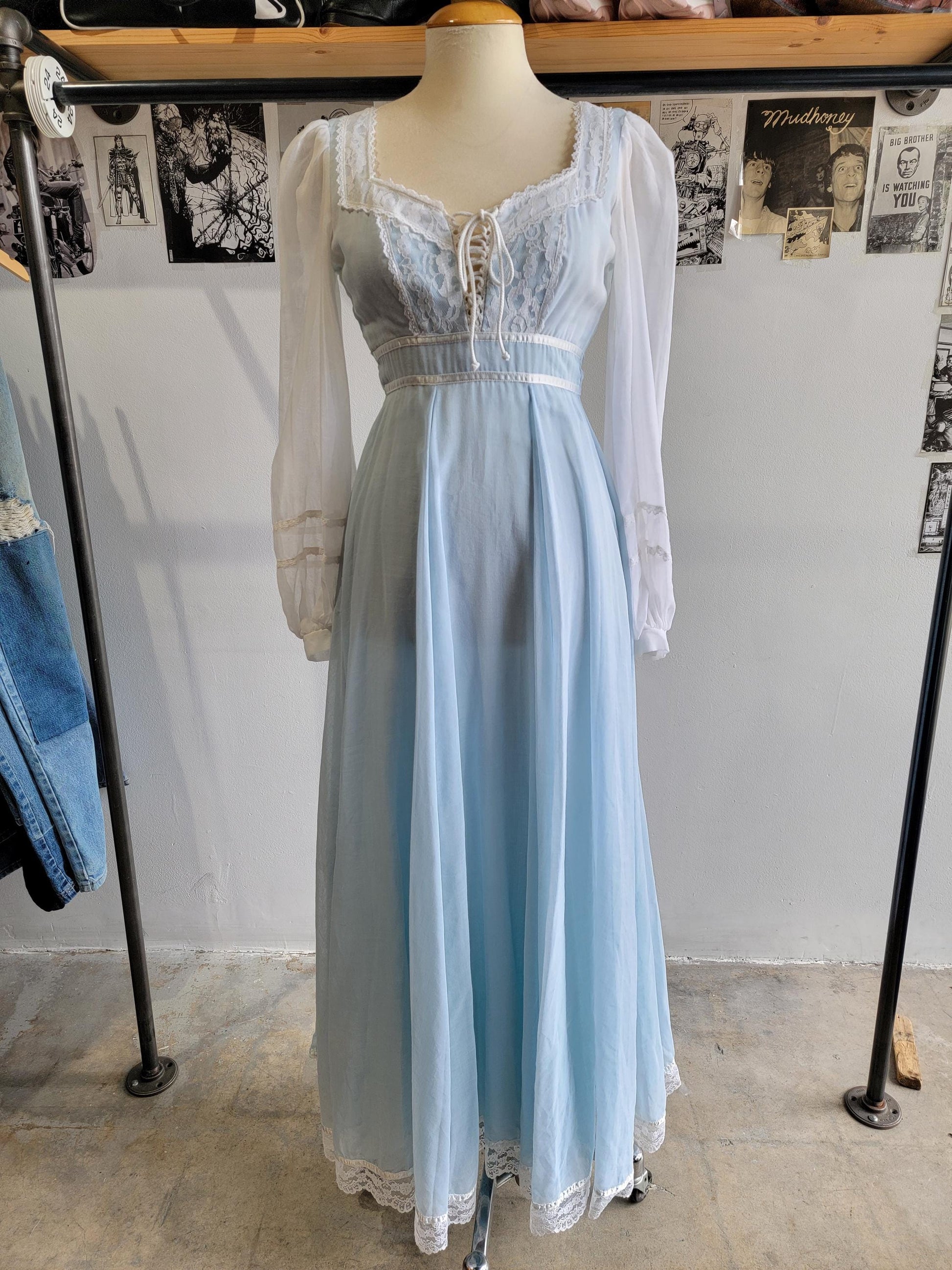 Vintage 1970s Prairie Dress | Light Blue and White | Long Sleeve | Size XS