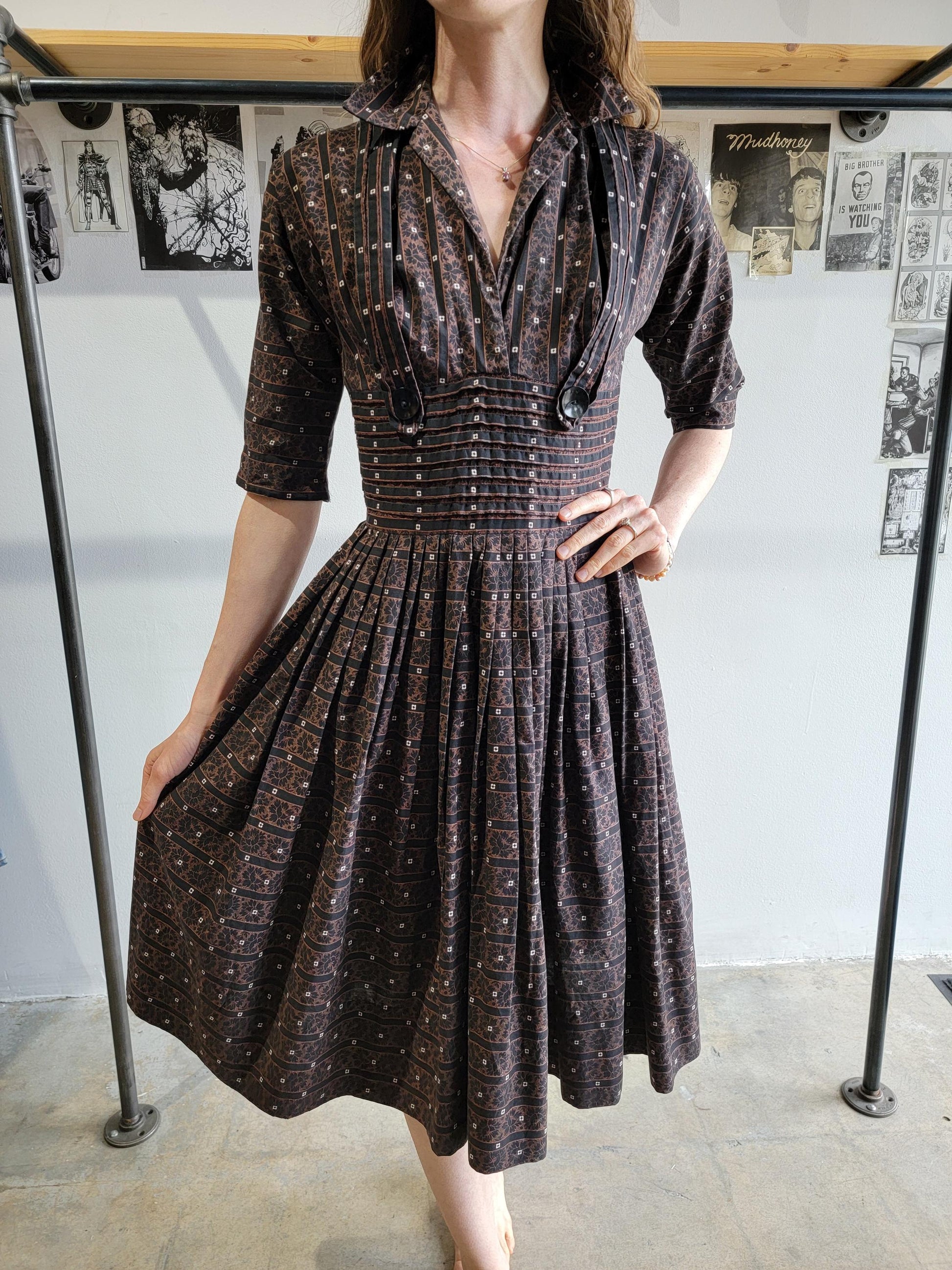 Vintage 1950s Pixie of California Cotton Dress |XS | Brown and Black | Pin Tucks | Stripes | Fit and Flare