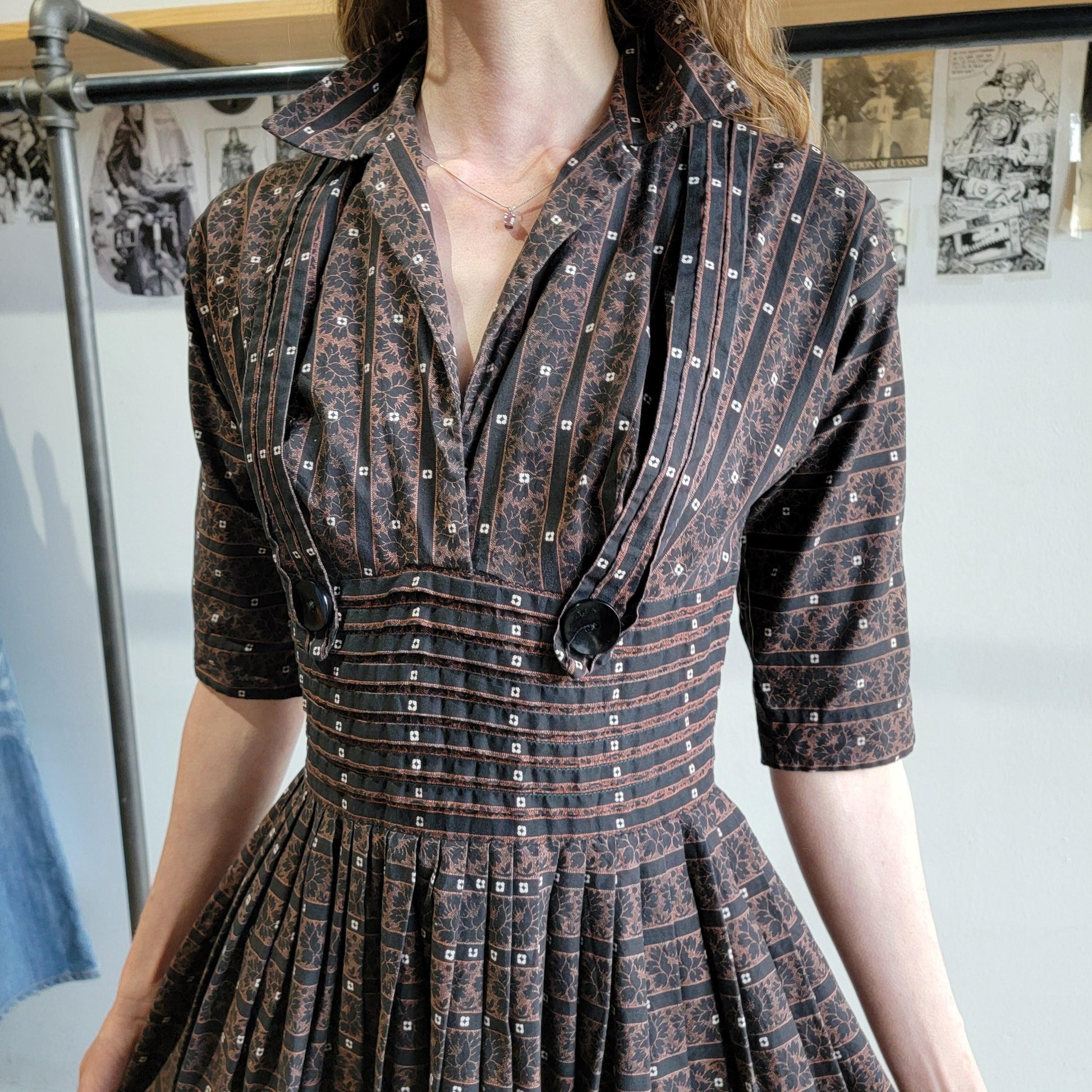 Vintage 1950s Pixie of California Cotton Dress |XS | Brown and Black | Pin Tucks | Stripes | Fit and Flare