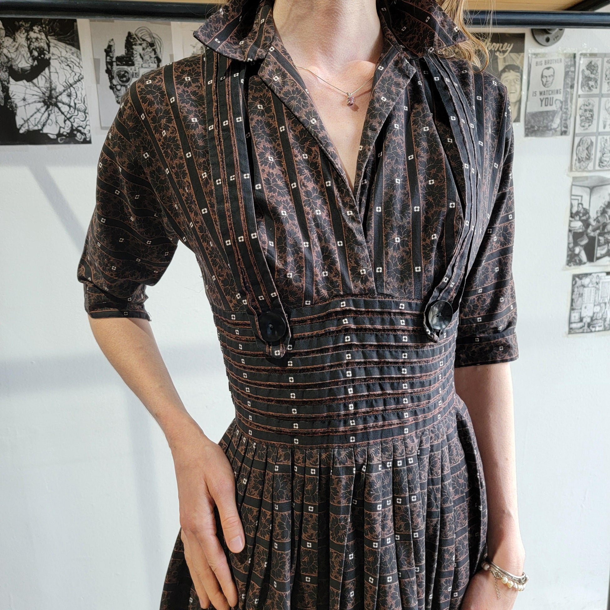 Vintage 1950s Pixie of California Cotton Dress |XS | Brown and Black | Pin Tucks | Stripes | Fit and Flare