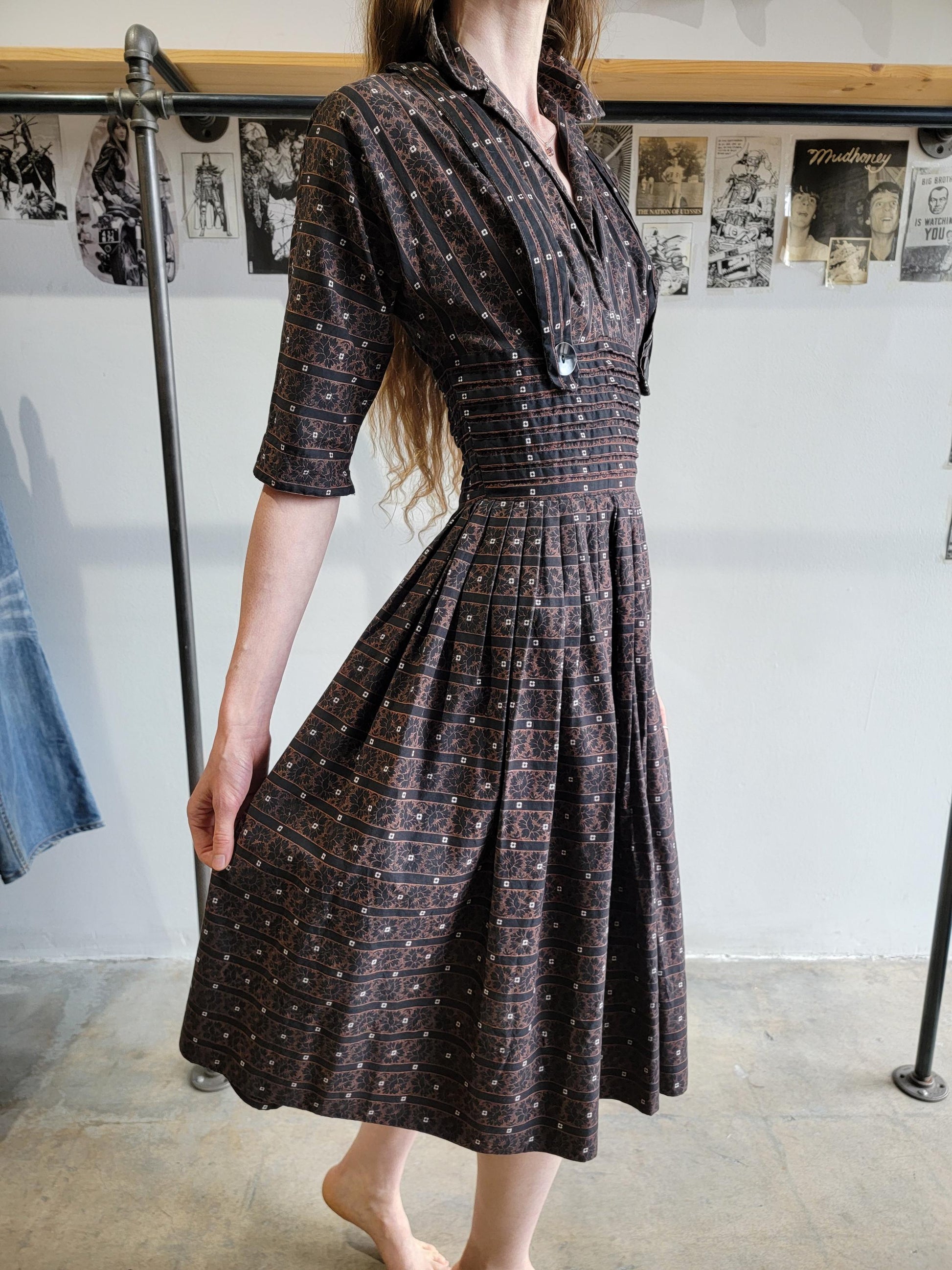 Vintage 1950s Pixie of California Cotton Dress |XS | Brown and Black | Pin Tucks | Stripes | Fit and Flare