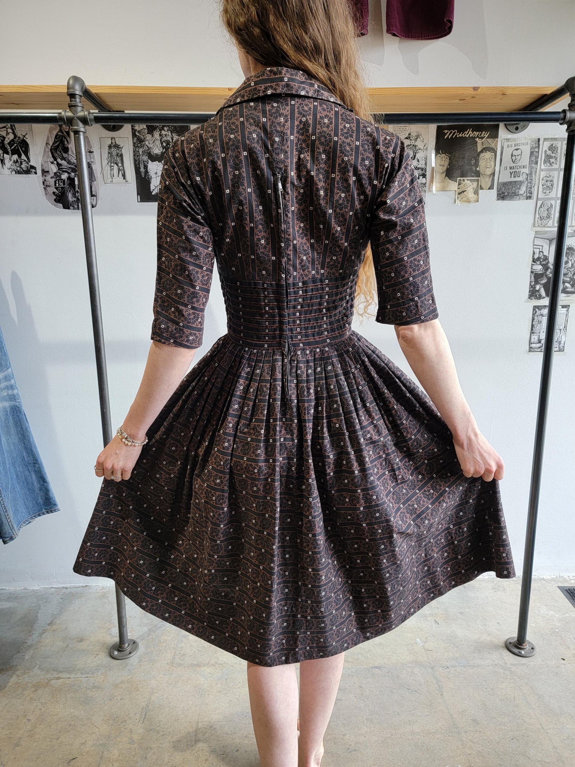 Vintage 1950s Pixie of California Cotton Dress |XS | Brown and Black | Pin Tucks | Stripes | Fit and Flare