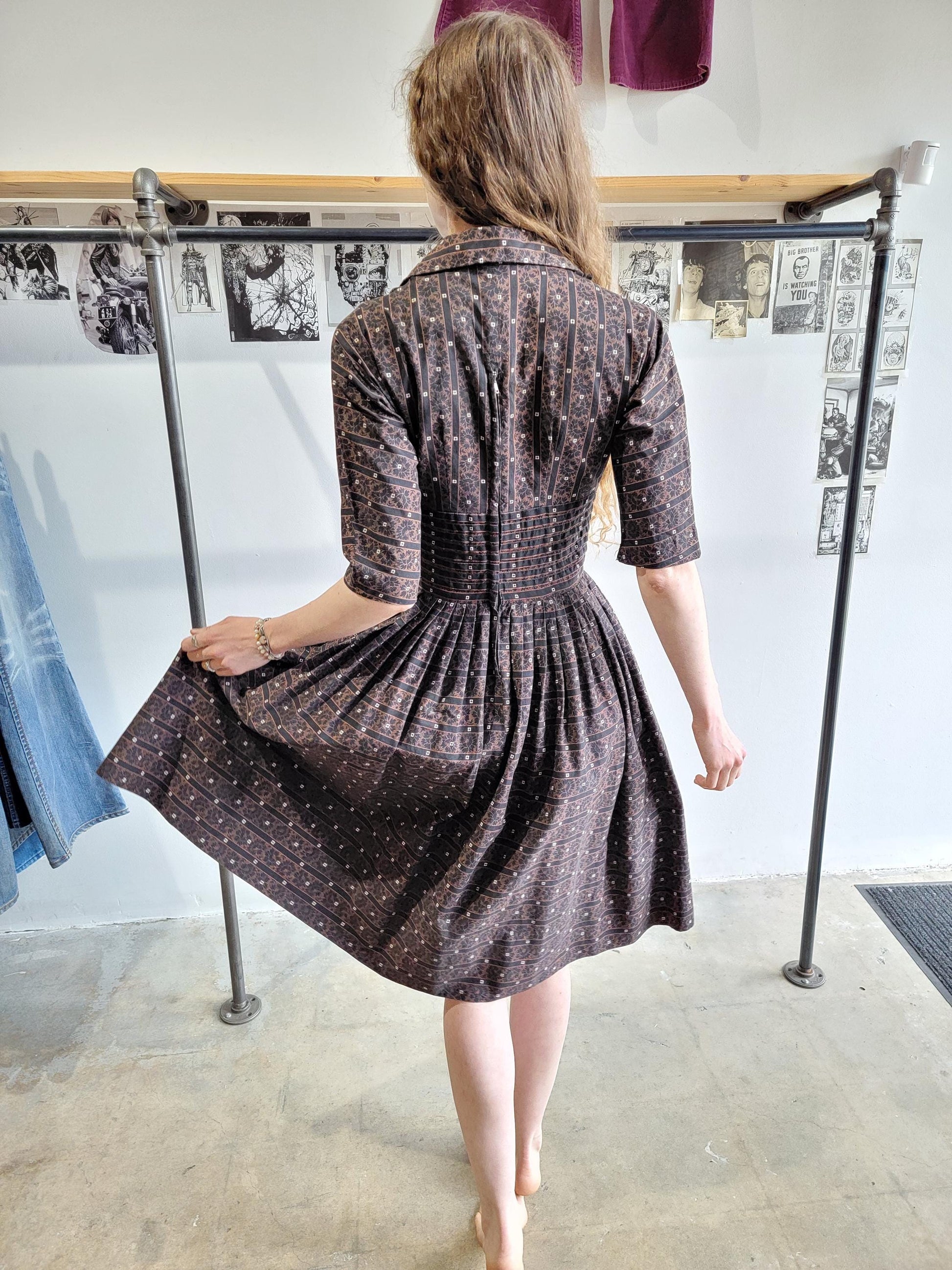 Vintage 1950s Pixie of California Cotton Dress |XS | Brown and Black | Pin Tucks | Stripes | Fit and Flare