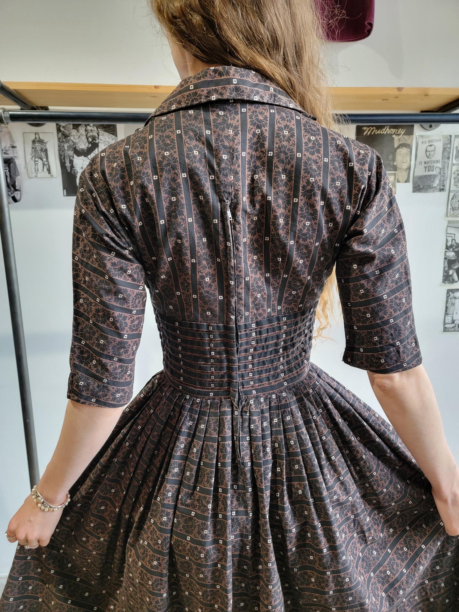 Vintage 1950s Pixie of California Cotton Dress |XS | Brown and Black | Pin Tucks | Stripes | Fit and Flare