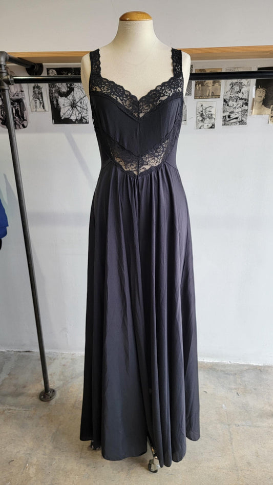 Vintage 1970s Black Full Skirt Night Gown | Olga Style | Size Large | Stretchy Tricot | Sexy